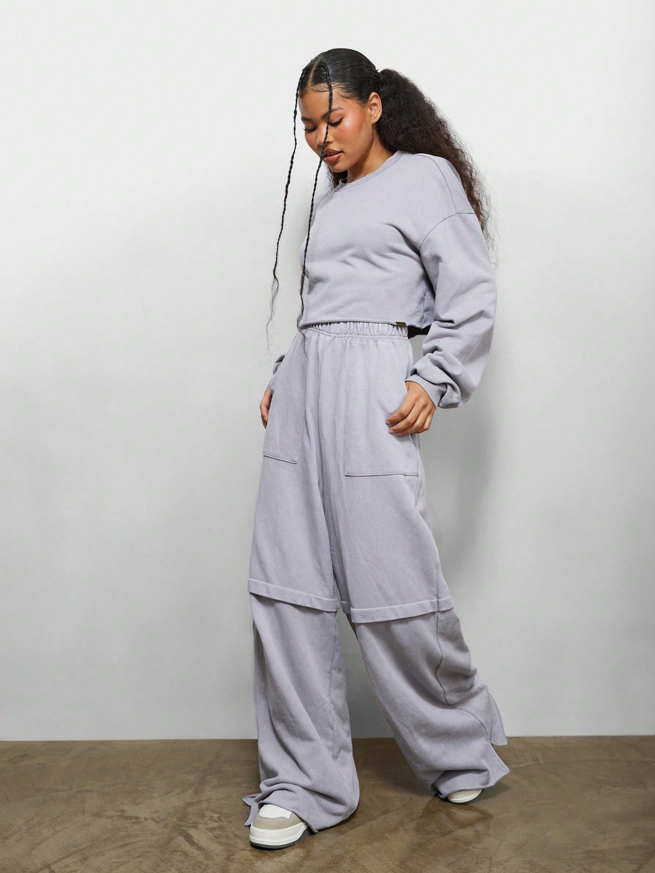 SUMWON WOMEN Oversized Raw Hem Crop Sweatshirt And Wide Leg Split Hem Sweatpants Co-Ord Set