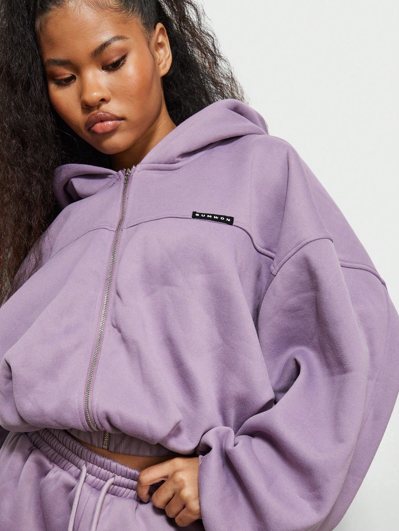 SUMWON WOMEN Zipped Oversized Crop Hoodie Sweatshirt