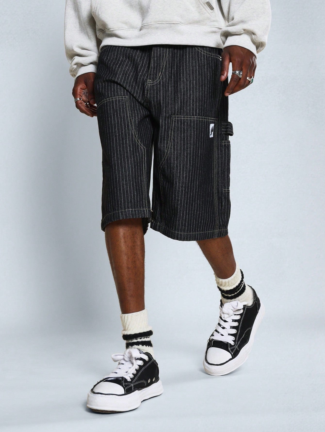 Stripe Denim Carpenter Short With Back Graphic Print