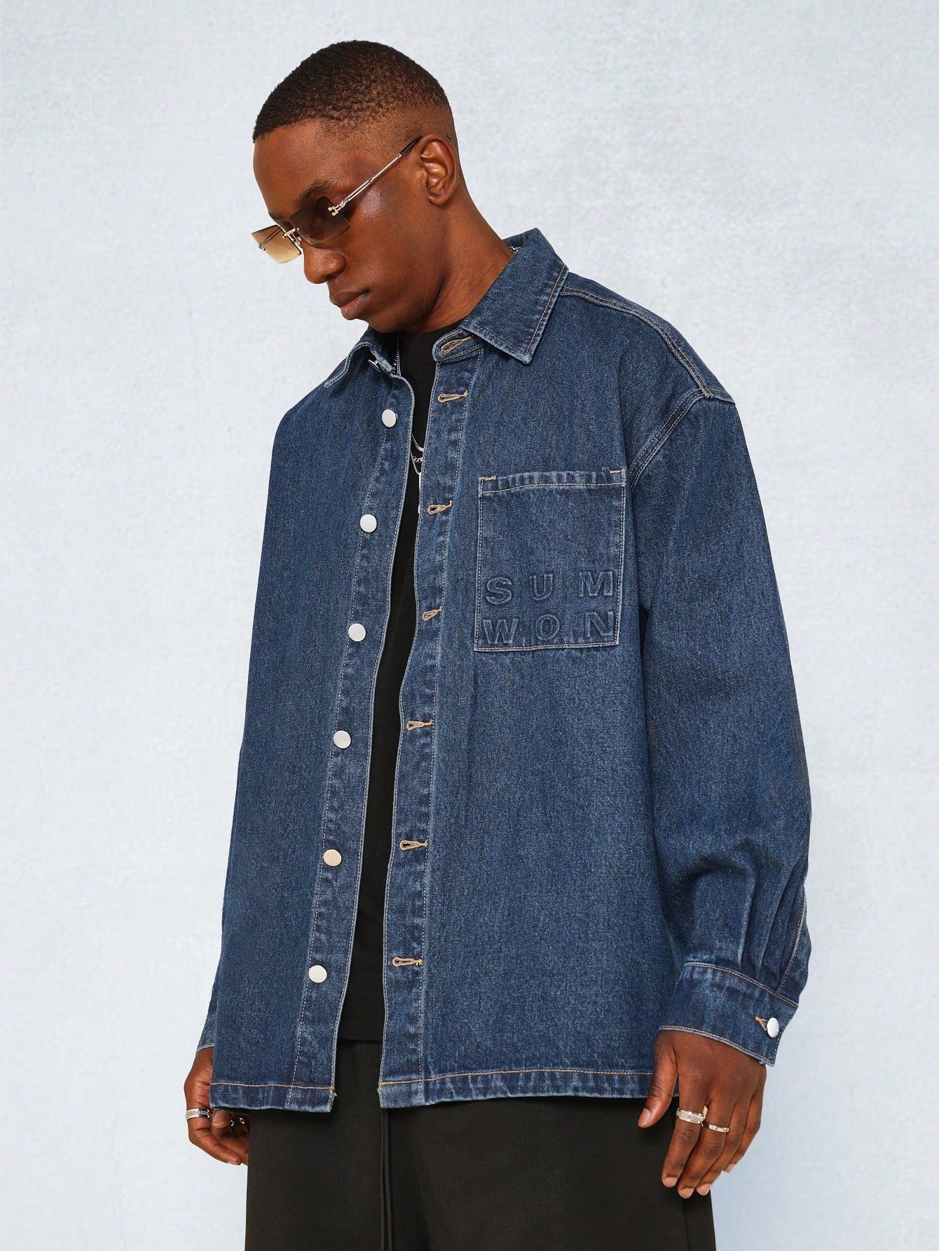 Long Sleeve Contrast Stitch Denim Overshirt With Label