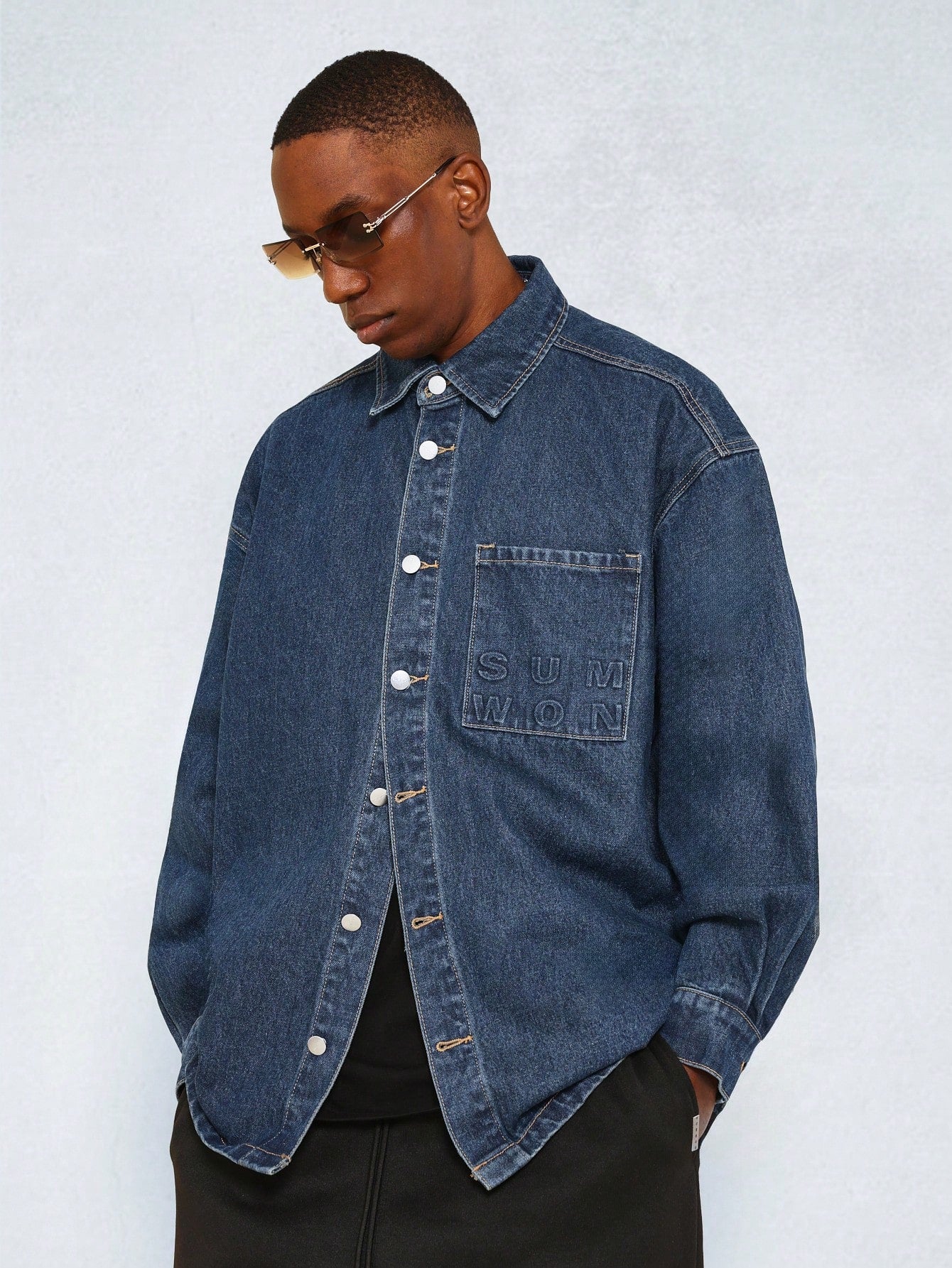 Long Sleeve Contrast Stitch Denim Overshirt With Label