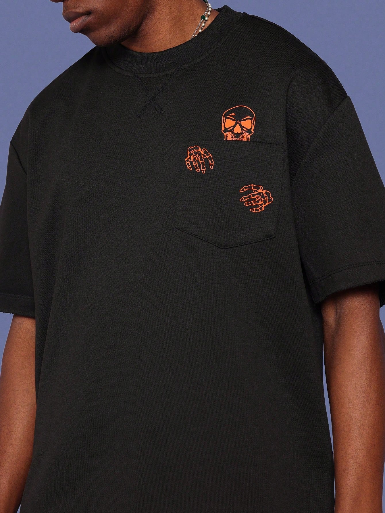 Regular Fit Raw Edge Tee With Skull Graphic Print