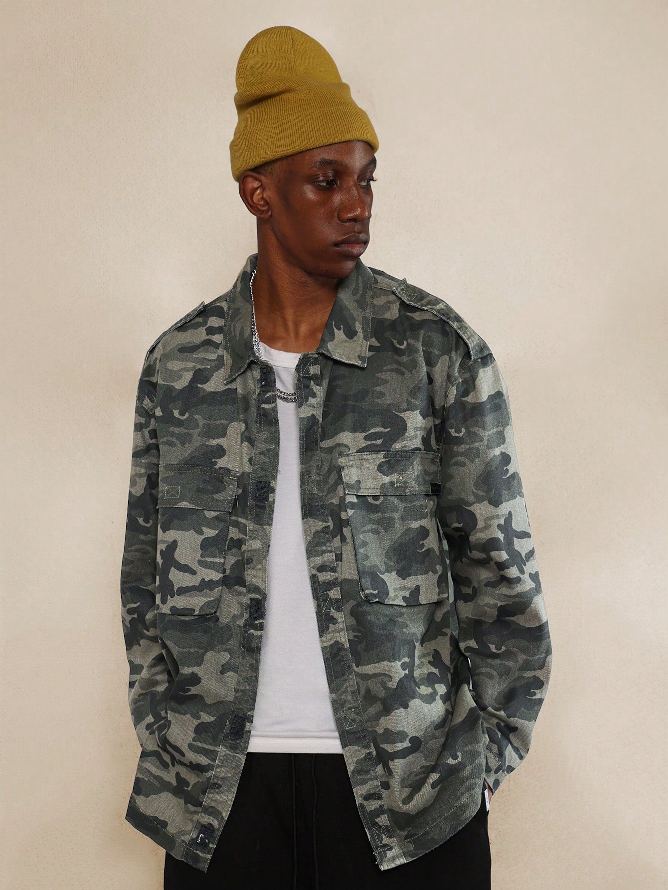 Boxy Longline Utility Camouflage Denim Shirt