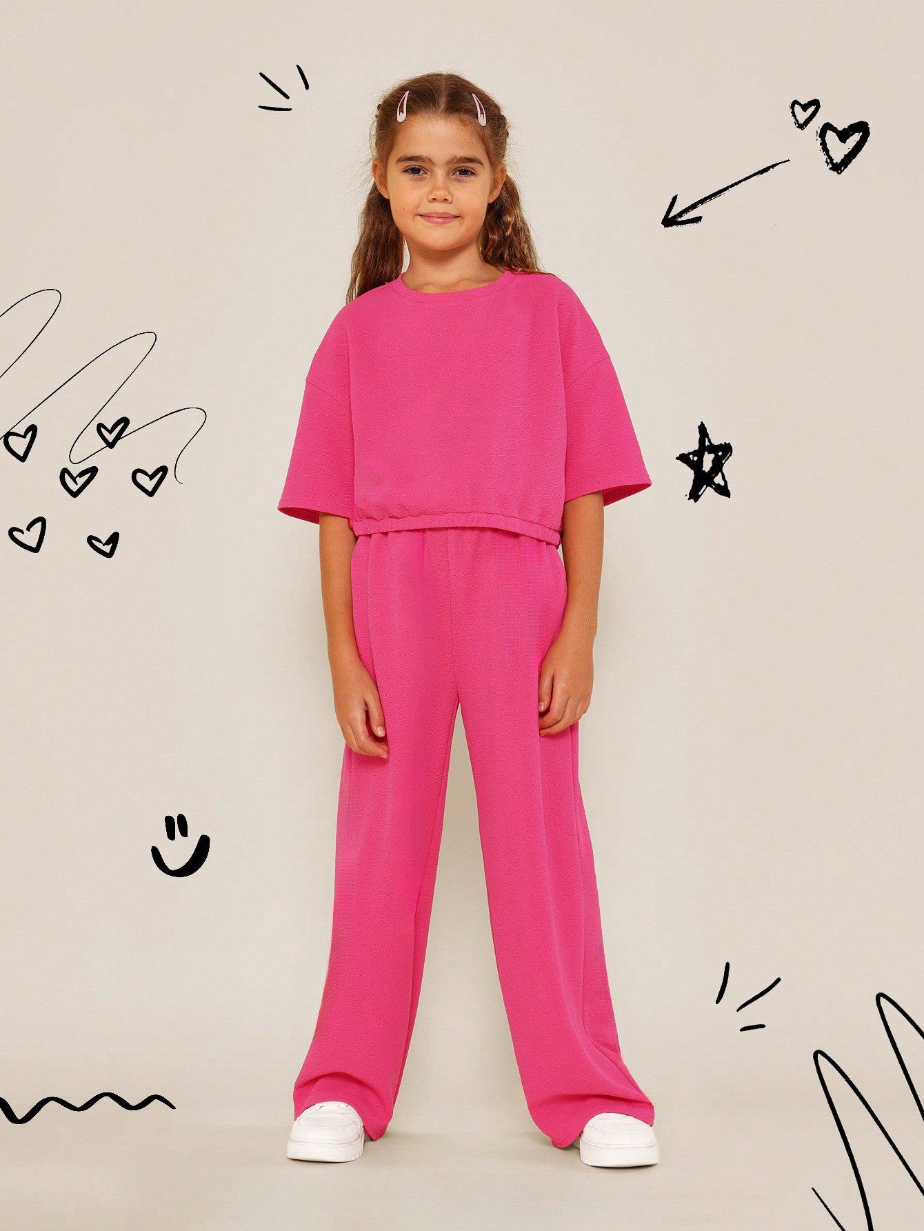 Tween Girls Textured Regular Fit Tee And Wide Leg Pant 2 Piece Set