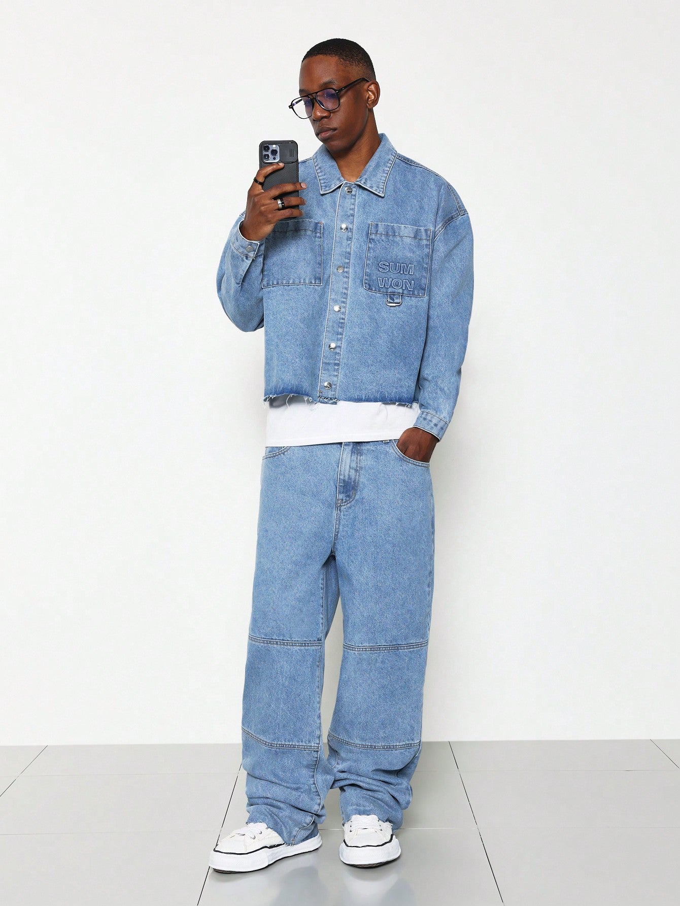 Cropped Washed Long Sleeve Denim Shirt And Straight Fit Pant 2 Piece Set