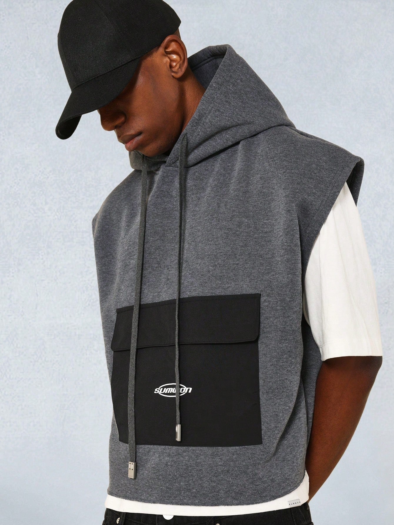 Cropped Sleeveless Hoodie With Nylon Pocket