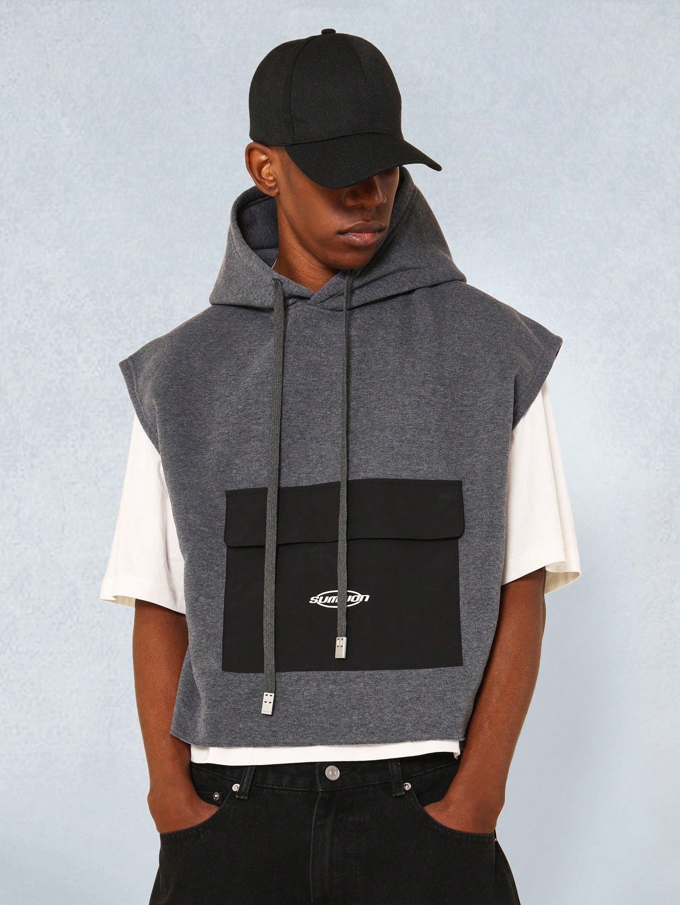 Cropped Sleeveless Hoodie With Nylon Pocket