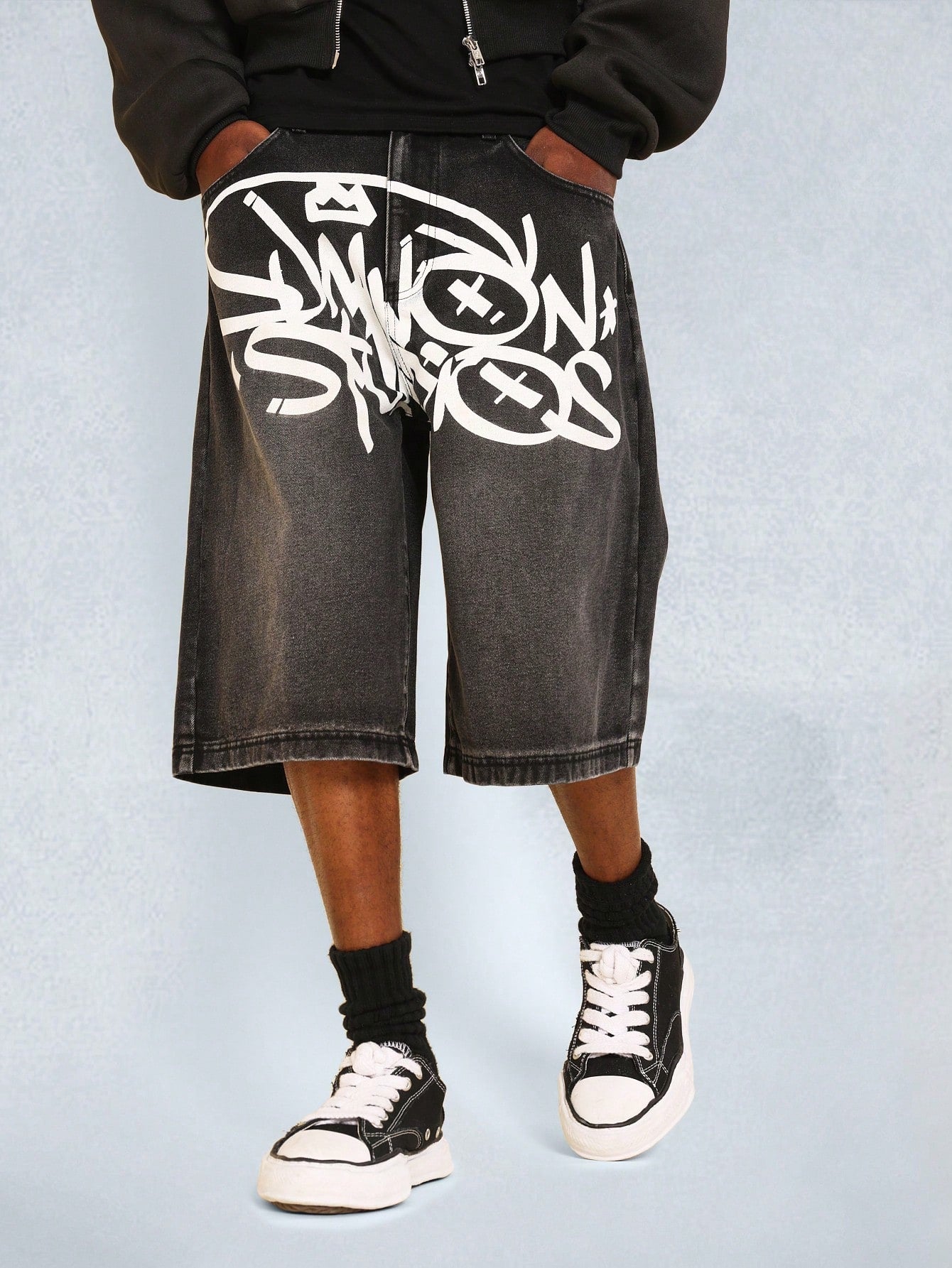 Denim Jort With Front Graffiti Graphic Print