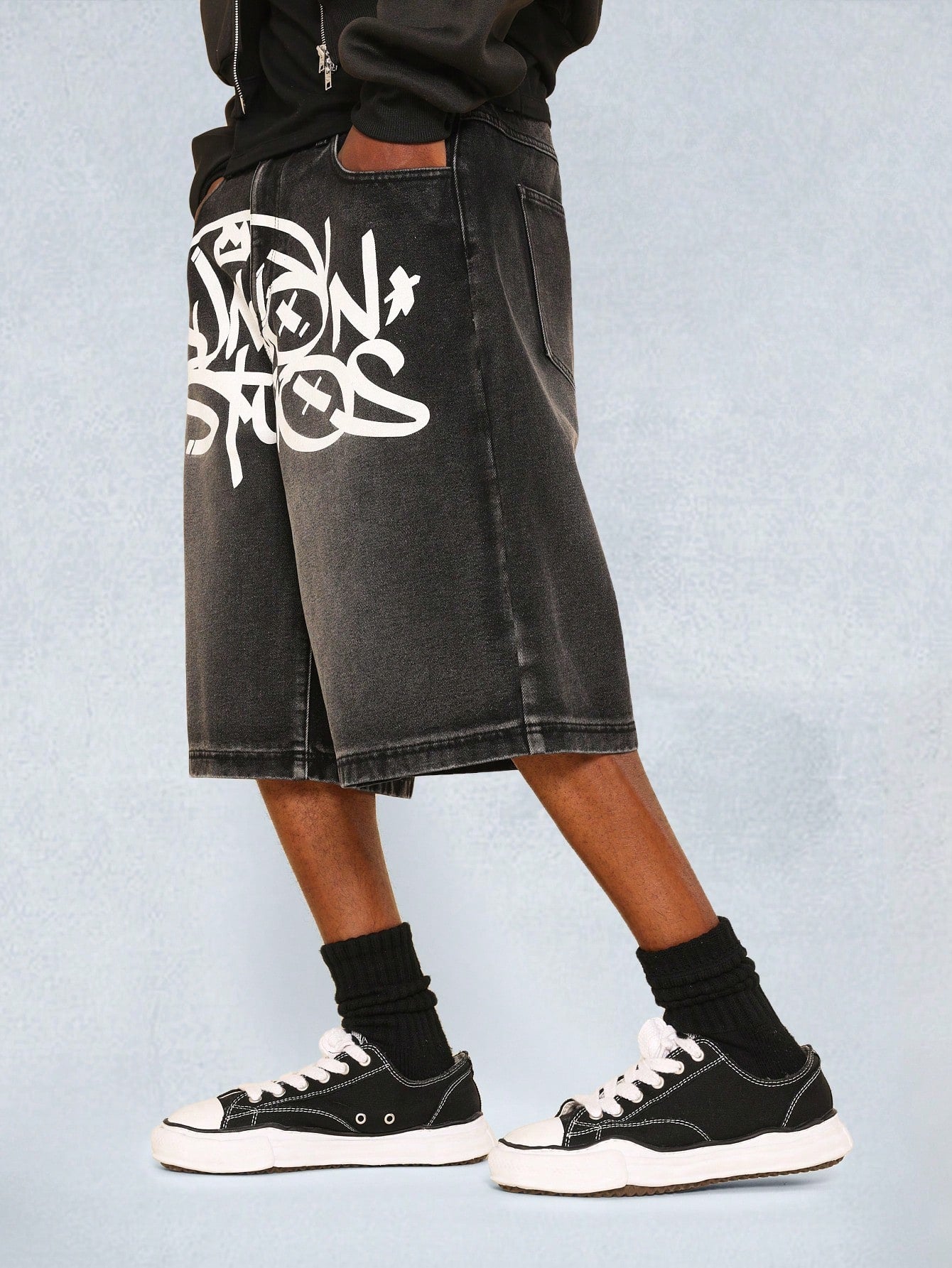 Denim Jort With Front Graffiti Graphic Print