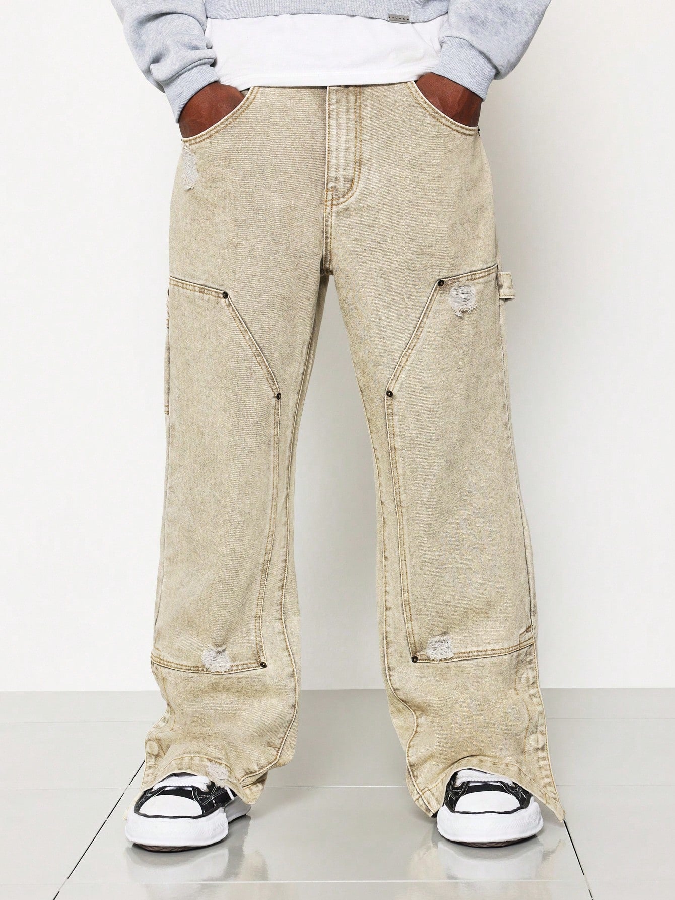 Flare Fit Loose Carpenter Raw Edge Jean With Side Snaps