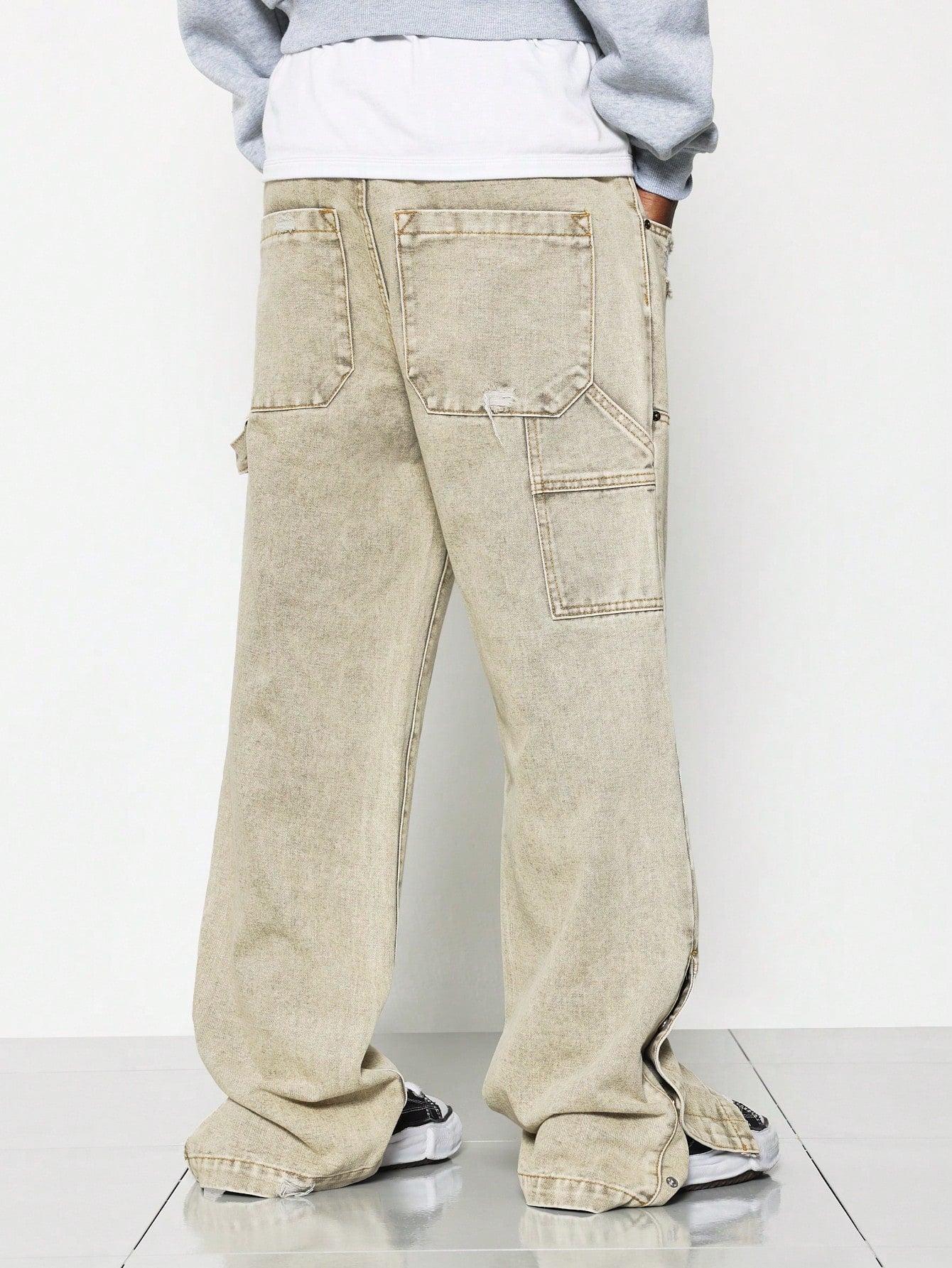 Flare Fit Loose Carpenter Raw Edge Jean With Side Snaps