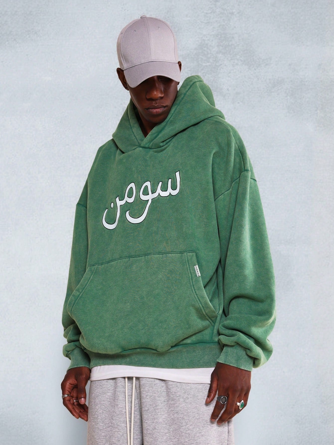 Regular Fit Overhead Washed Hoodie With Arabic Embroidery