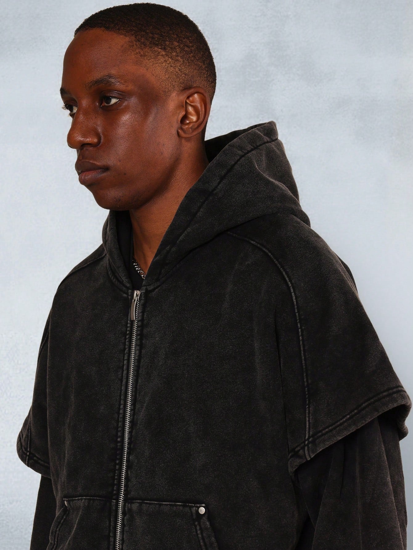 Overhead Washed Mock Layered Zip-Up Hoodie