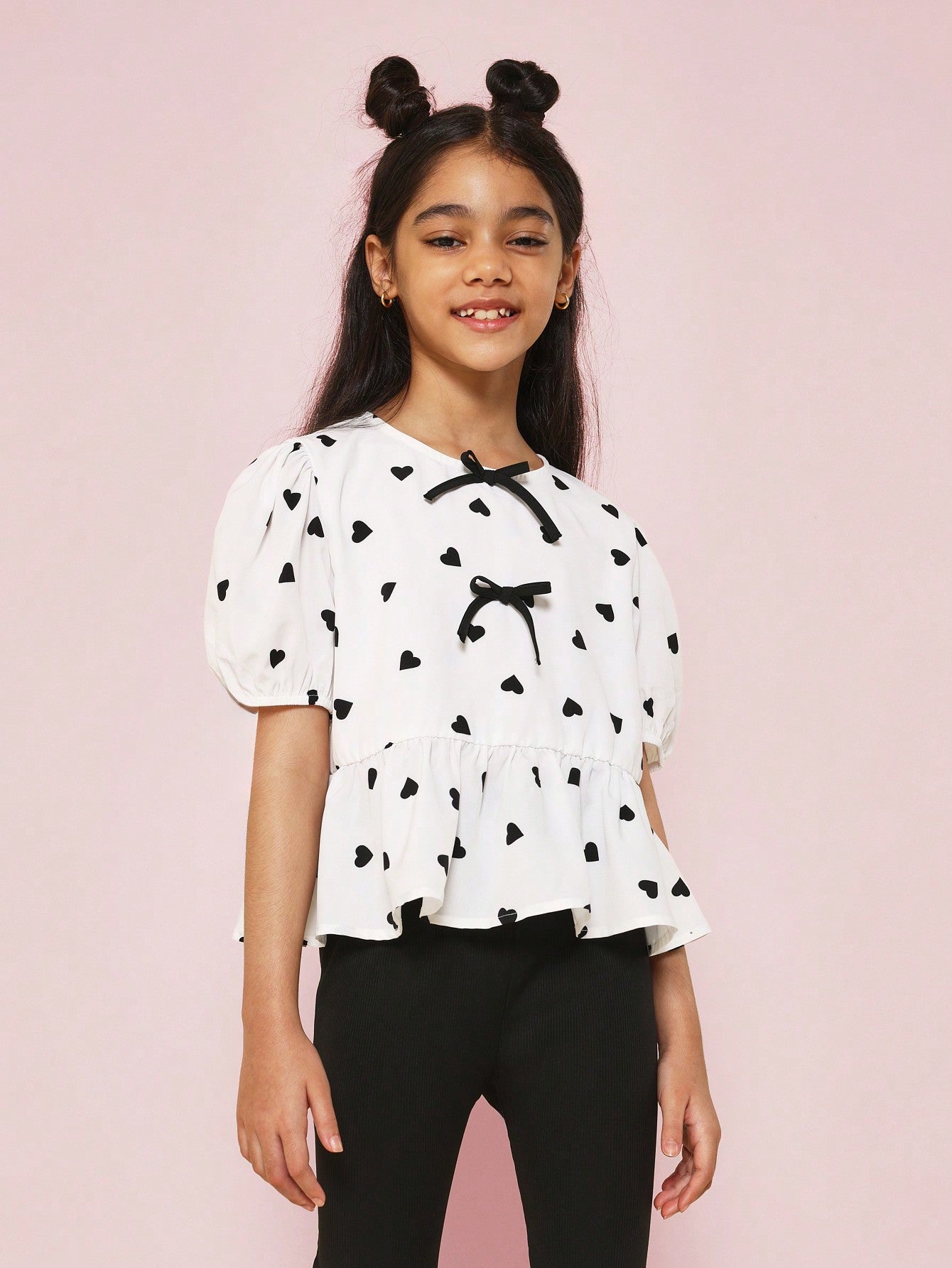 Tween Girls Heart Printed Blouse And Flare Pant 2 Piece Set