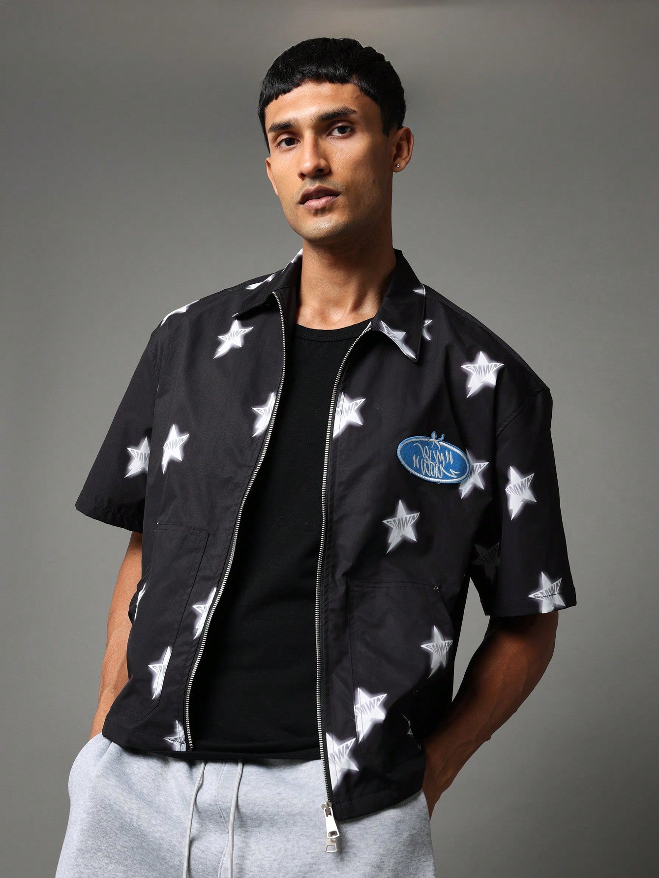 Boxy Fit Zip Through Nylon Workwear Shirt With All Over Star Graphic Print & Applique Badge College Ready