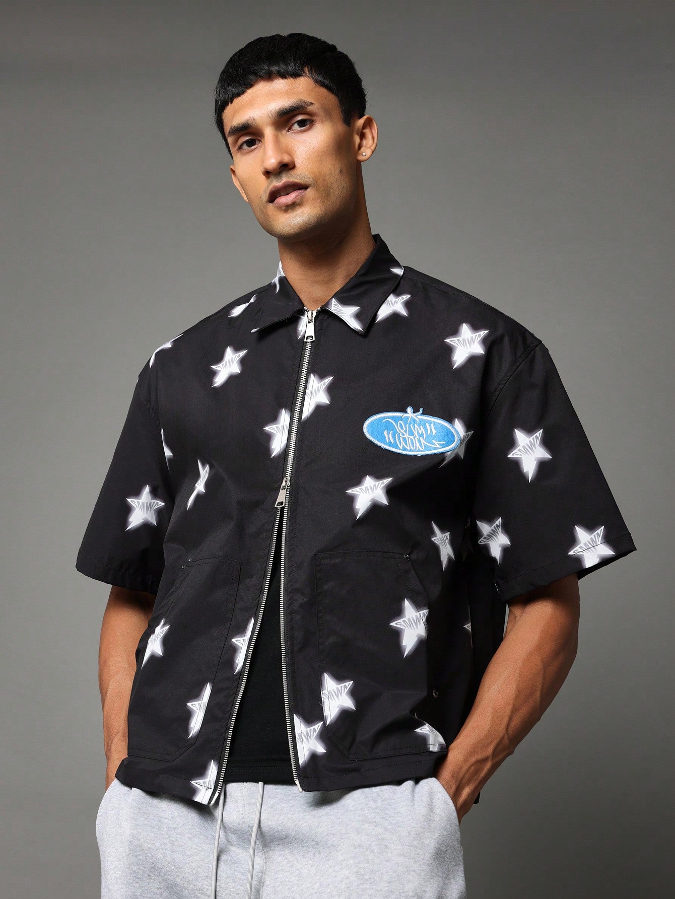 Boxy Fit Zip Through Nylon Workwear Shirt With All Over Star Graphic Print & Applique Badge College Ready