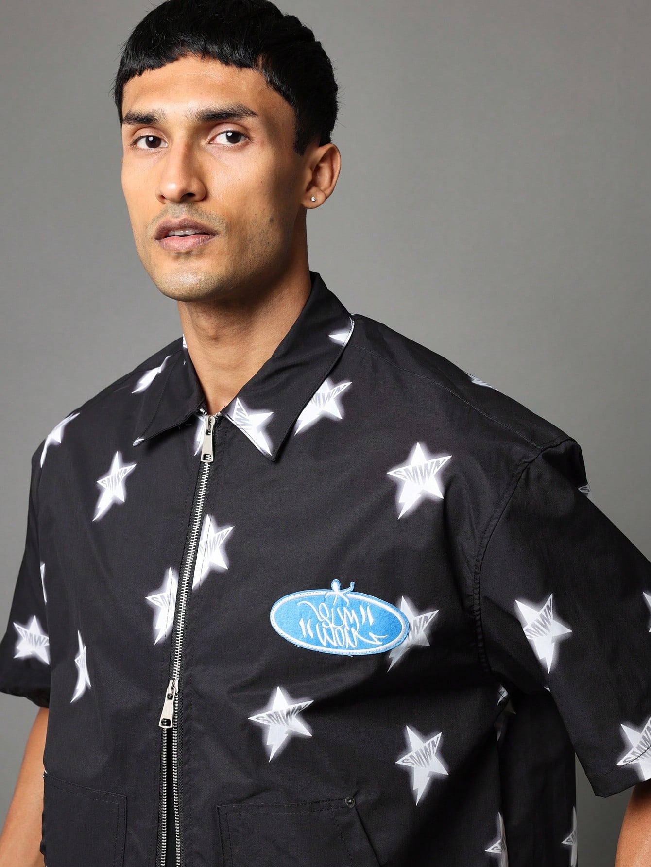 Boxy Fit Zip Through Nylon Workwear Shirt With All Over Star Graphic Print & Applique Badge College Ready