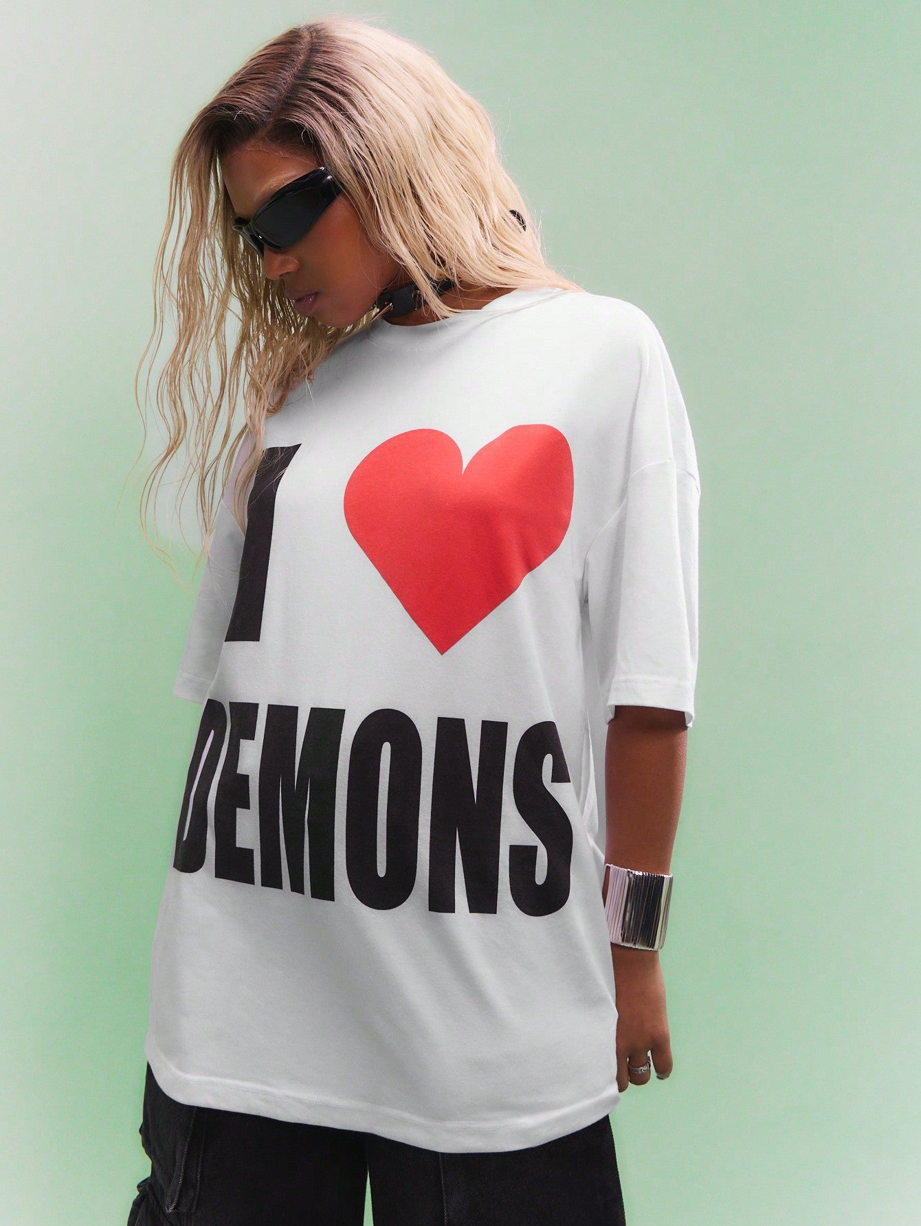 SUMWON WOMEN Oversized Boxy Tee With Slogan Graphic Print