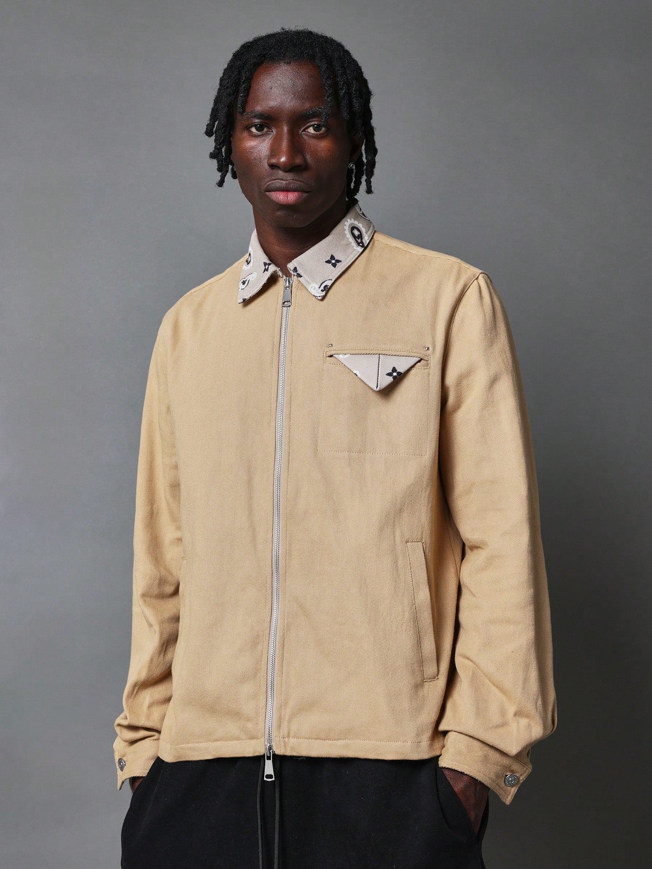 Boxy Fit Zip Through Overshirt With Contrast Collar & Front Pocket