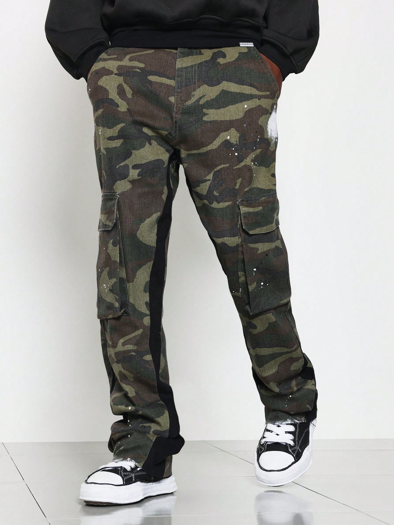 Flare Fit Camouflage Raw Edge Jean With Contrast Colour Panels & Splatter Paint