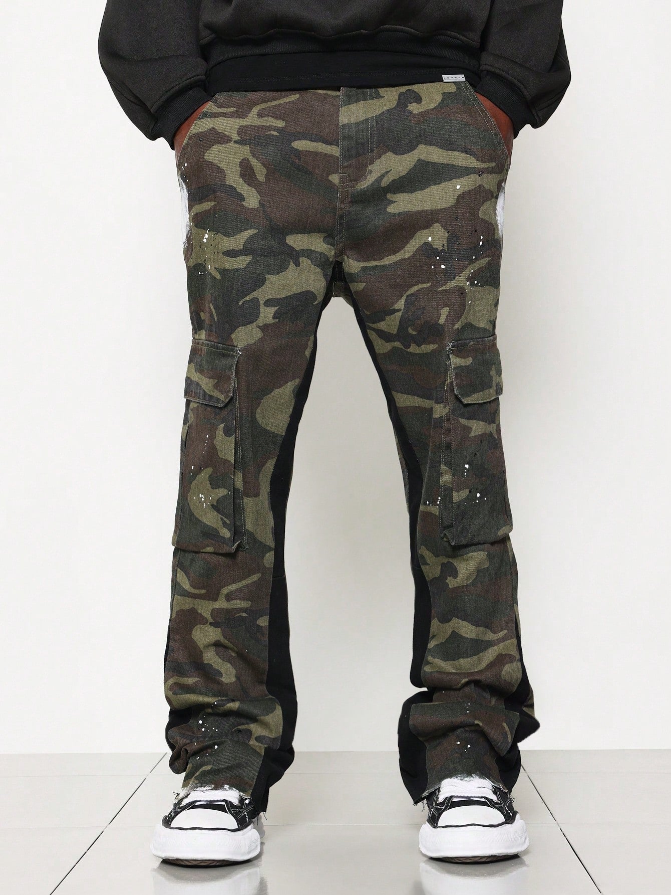 Flare Fit Camouflage Raw Edge Jean With Contrast Colour Panels & Splatter Paint