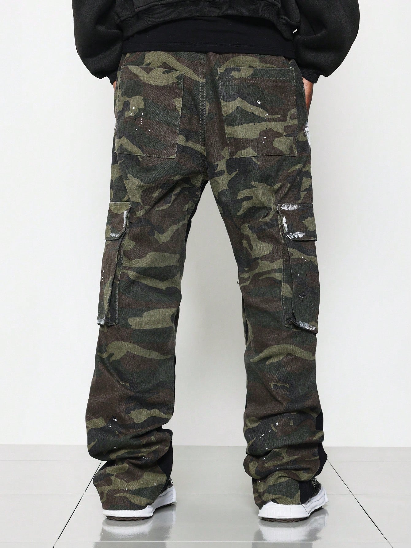 Flare Fit Camouflage Raw Edge Jean With Contrast Colour Panels & Splatter Paint