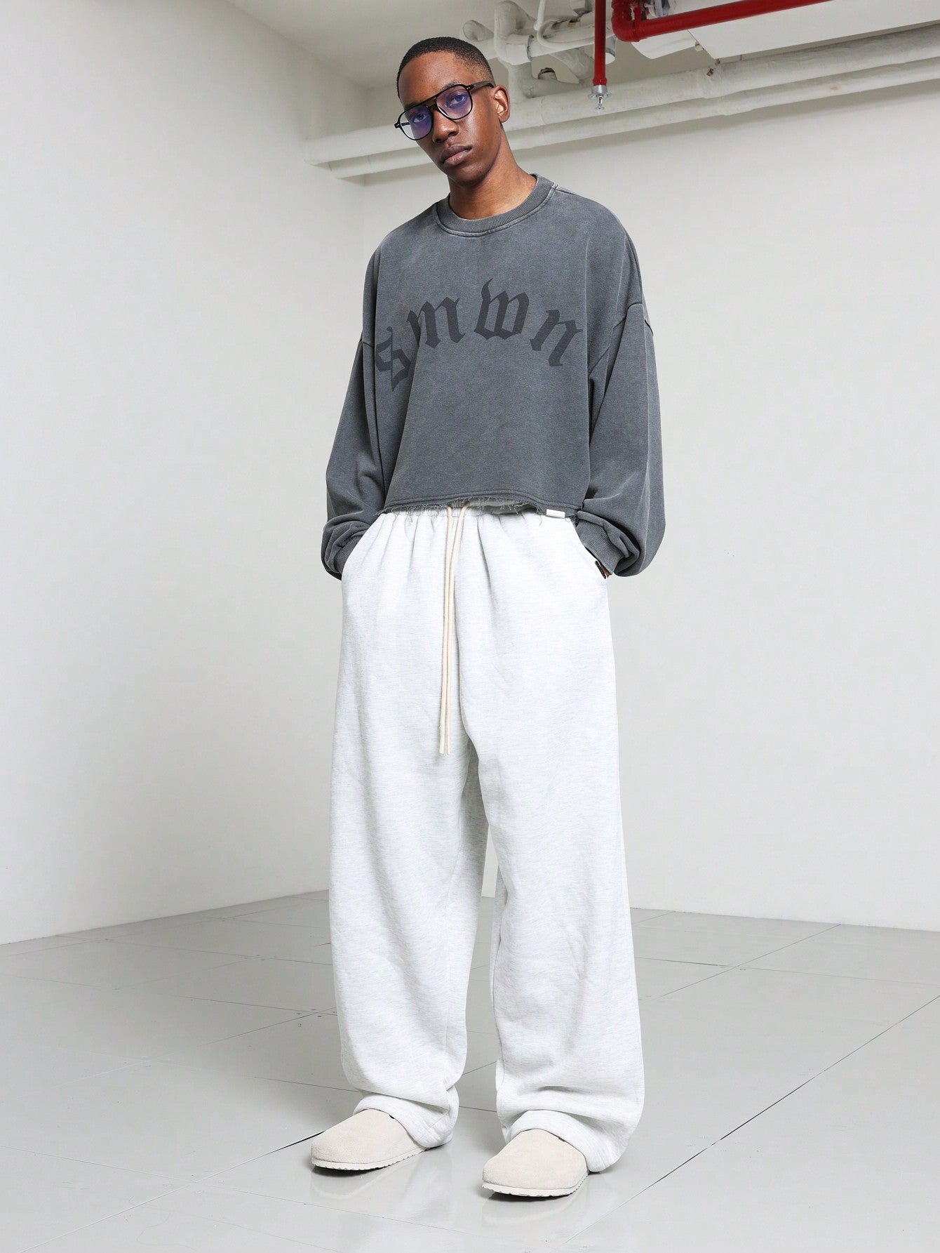 Crop Fit Washed Raw Edge Sweatshirt With Graphic Print