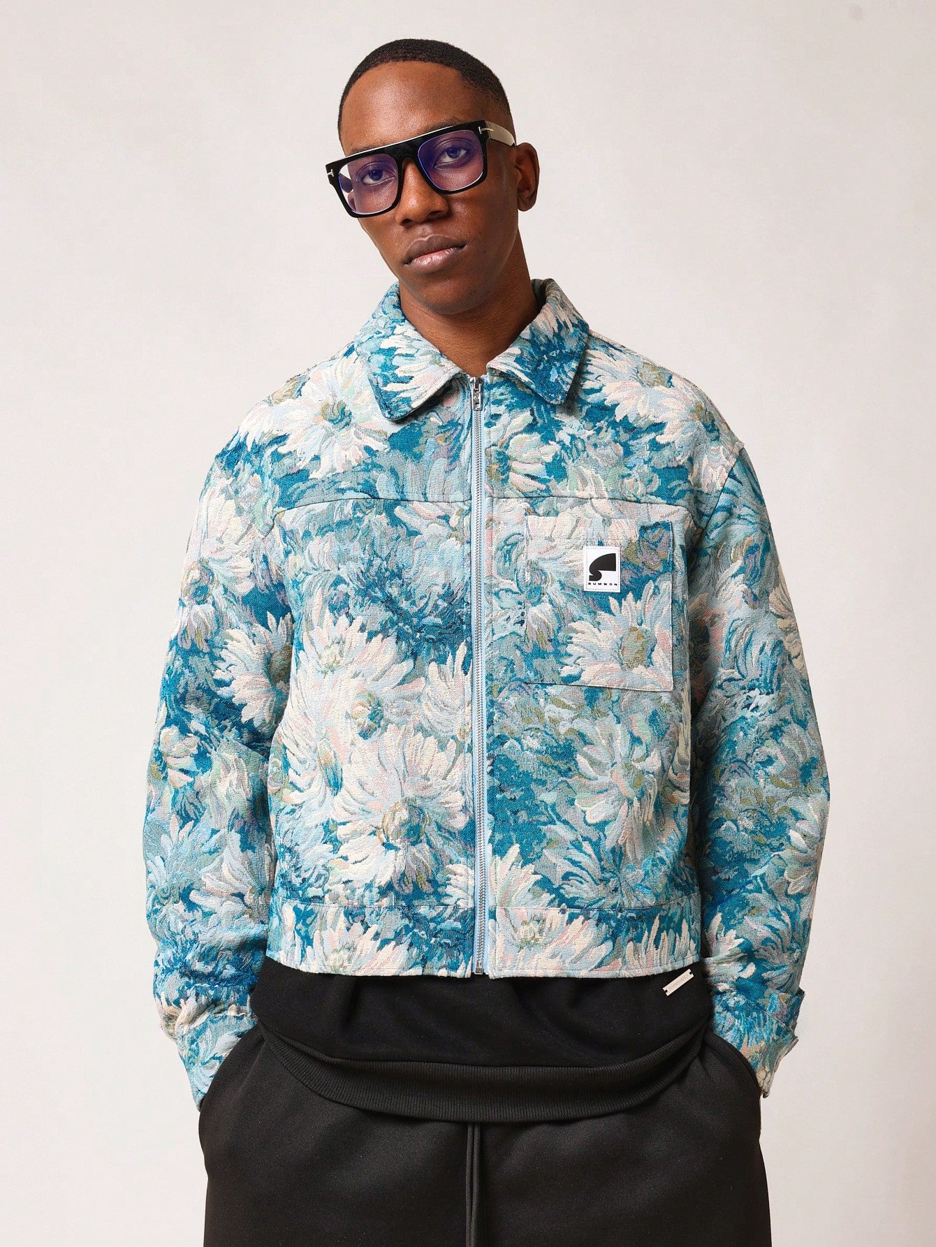 Cropped Zip-Up Tapestry Jacquard Worker Jacket