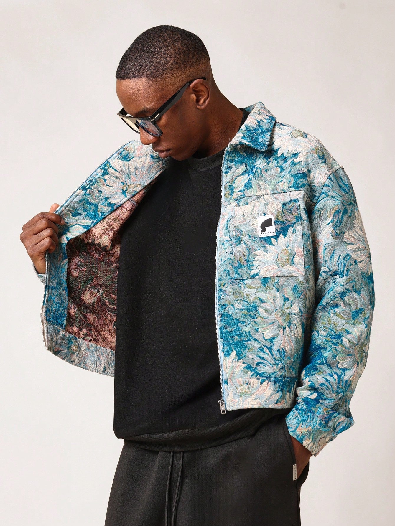 Cropped Zip-Up Tapestry Jacquard Worker Jacket