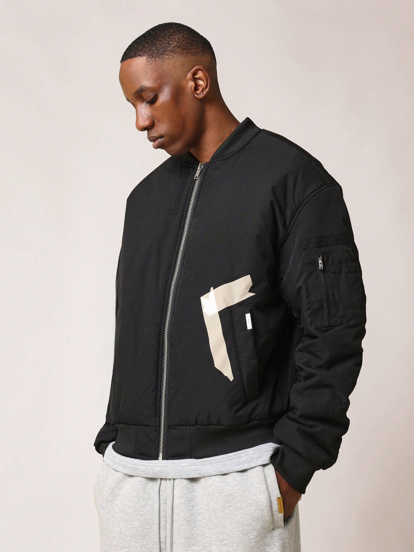 Bomber Jacket With Printed Tape Graphic College Ready