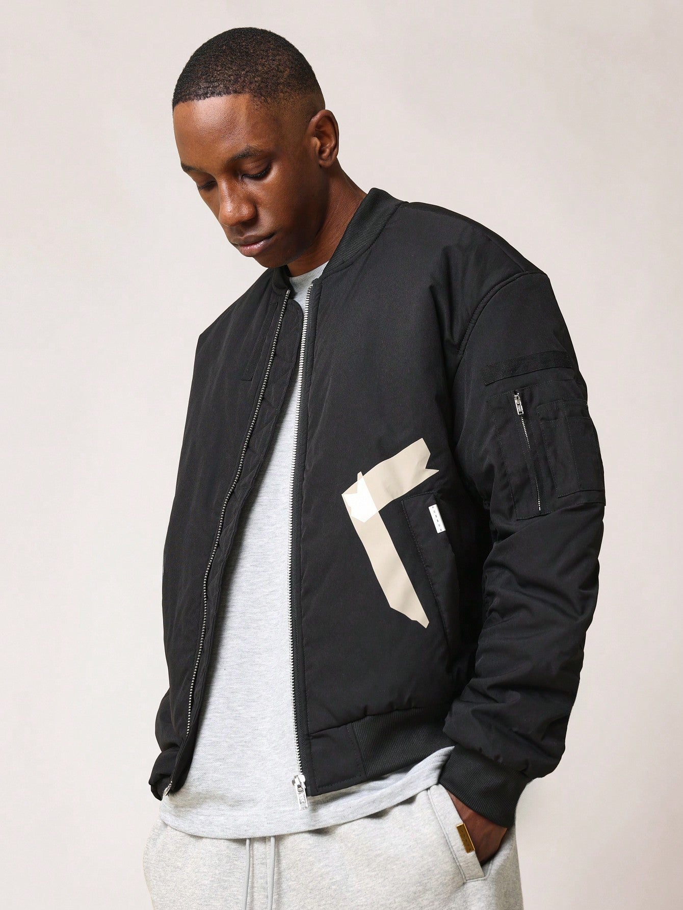 Bomber Jacket With Printed Tape Graphic College Ready