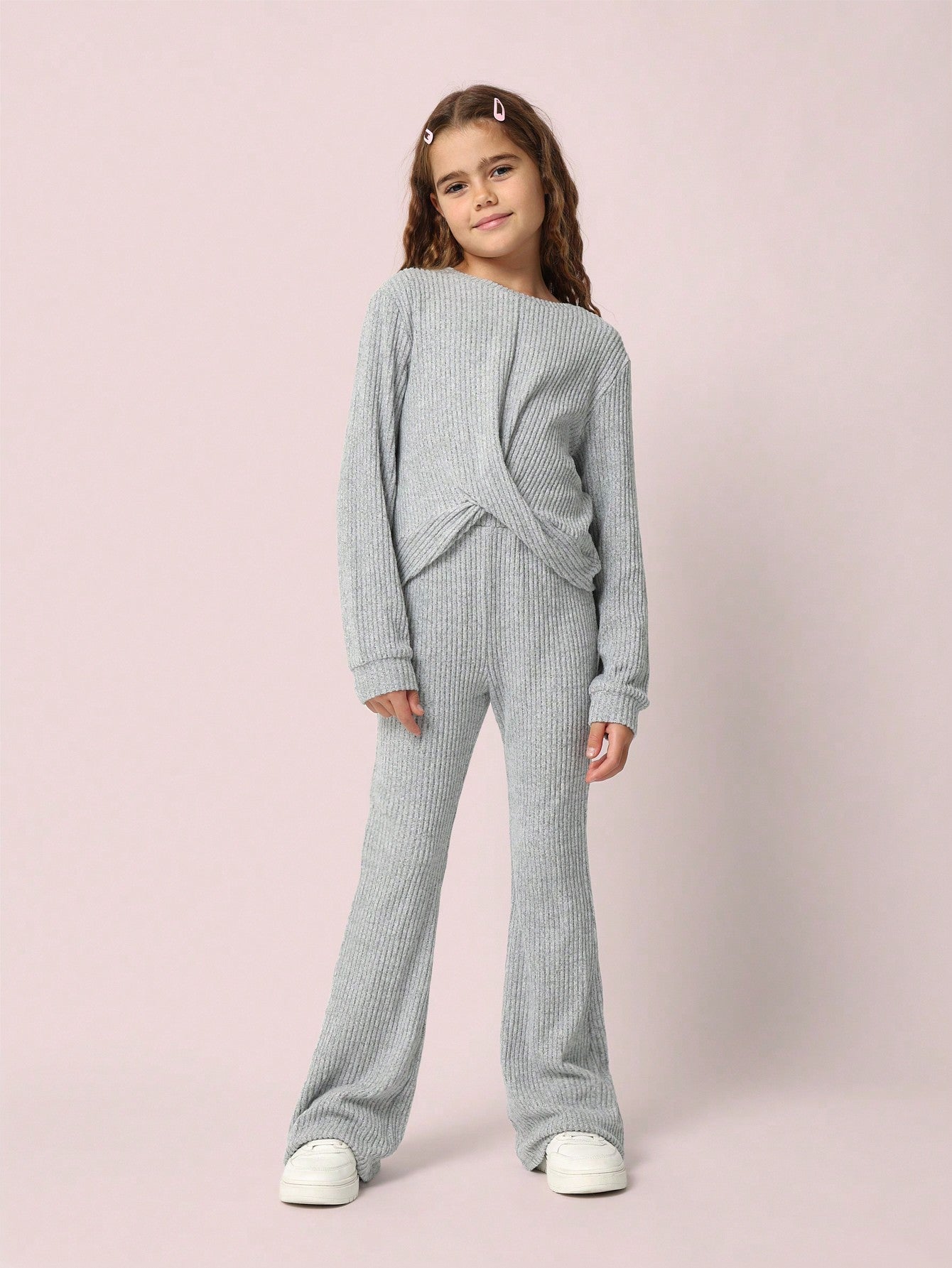 Tween Girls Textured Long Sleeve Front Twist And Flare Fit Pant 2 Piece Set