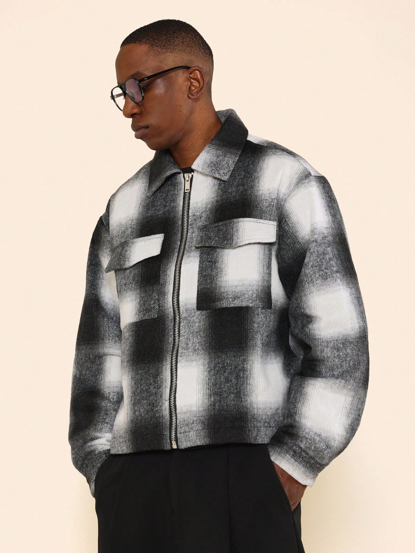 Boxy Zip-Up Checked Jacket