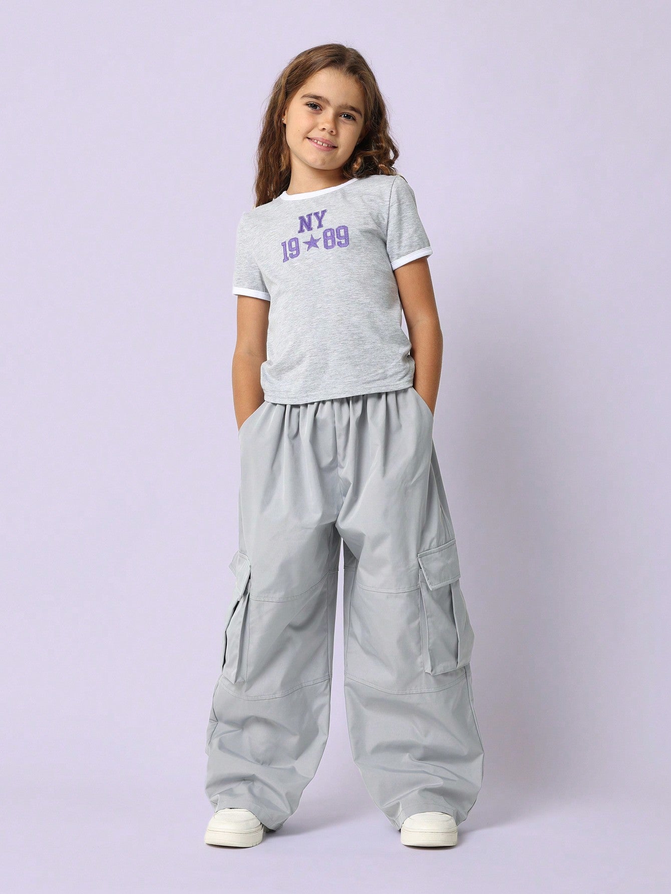 Tween Girls Embroidered Baby Tee And Loose Fit Nylon Cargo Pant 2 Piece Set