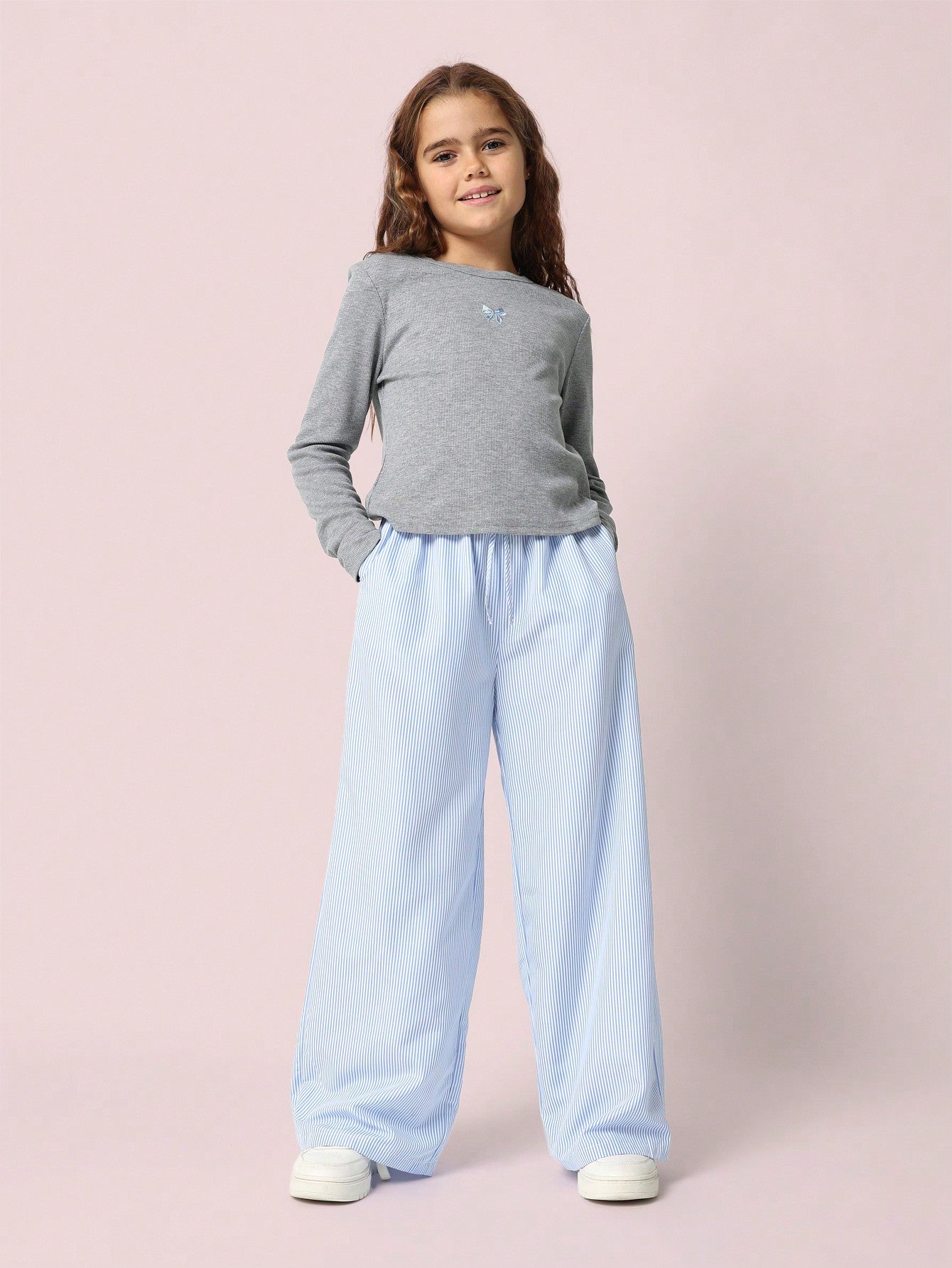 Tween Girls Long Sleeve Rib Baby Tee With Embroidered Butterfly And Wide Leg Stripe Pant 2 Piece Set