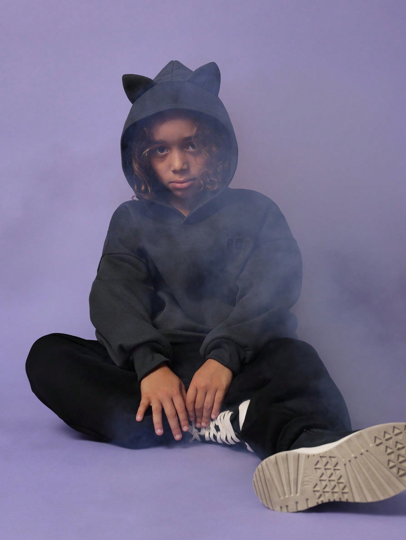 Tween Boys Slate Grey Hoodie With Ears & BOO Puff Graphic Print