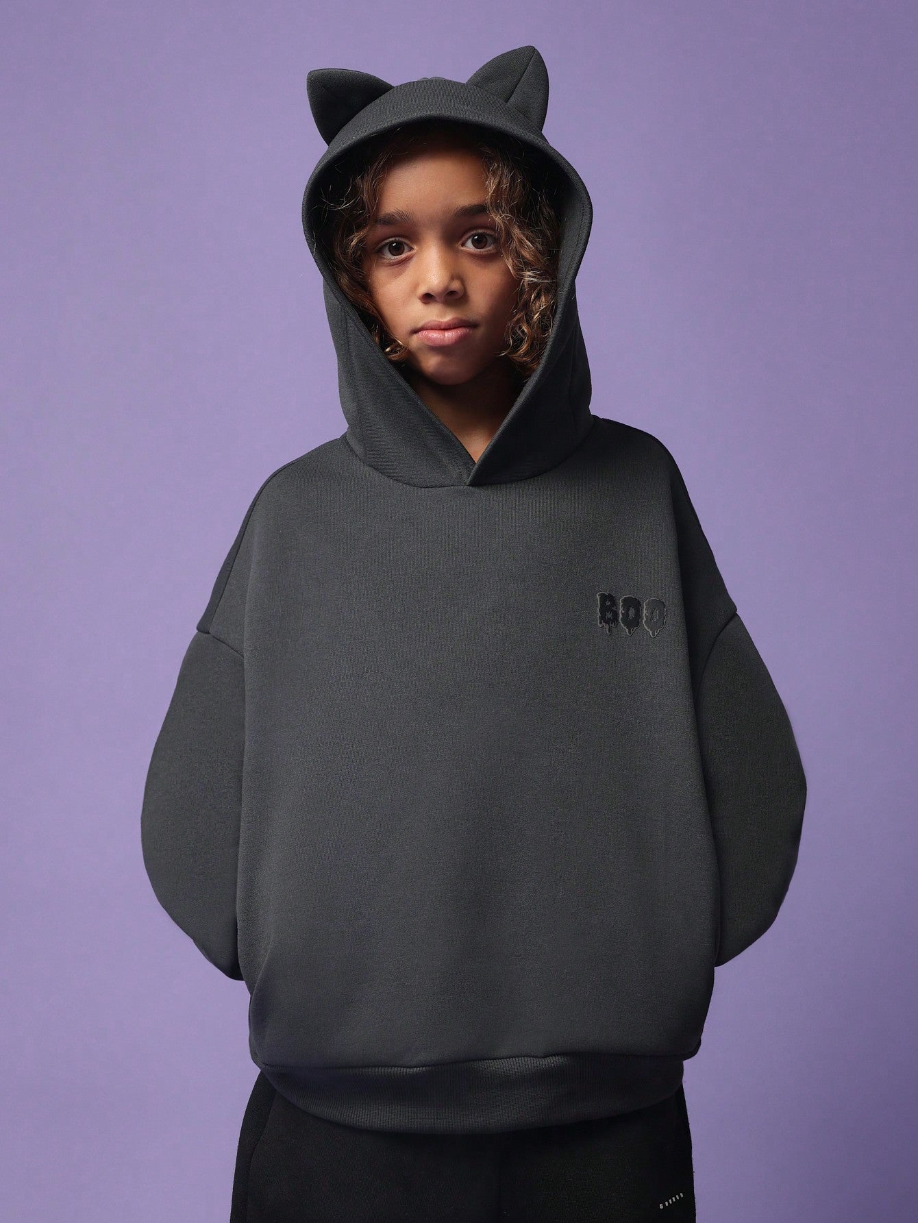 Tween Boys Slate Grey Hoodie With Ears & BOO Puff Graphic Print