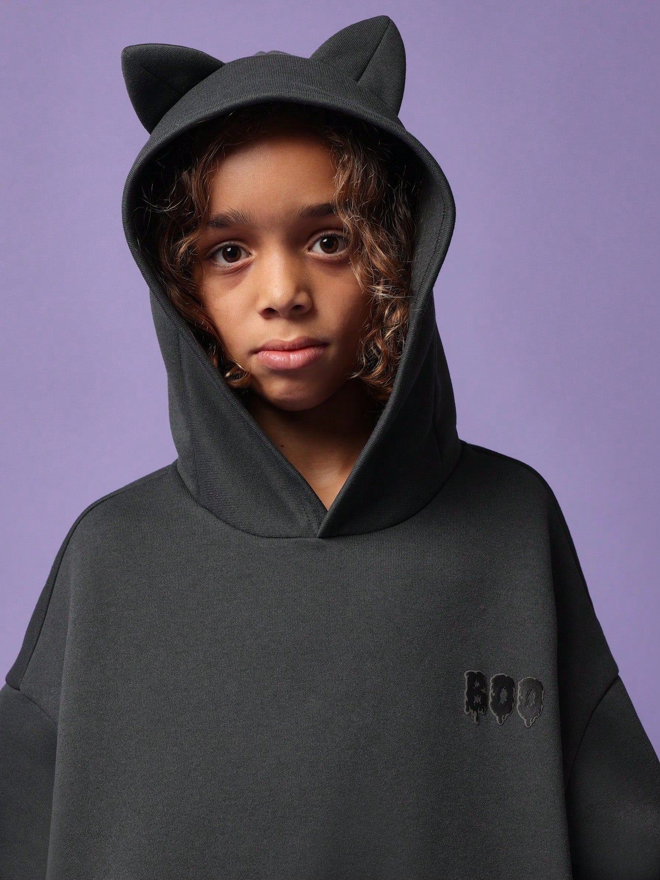 Tween Boys Slate Grey Hoodie With Ears & BOO Puff Graphic Print