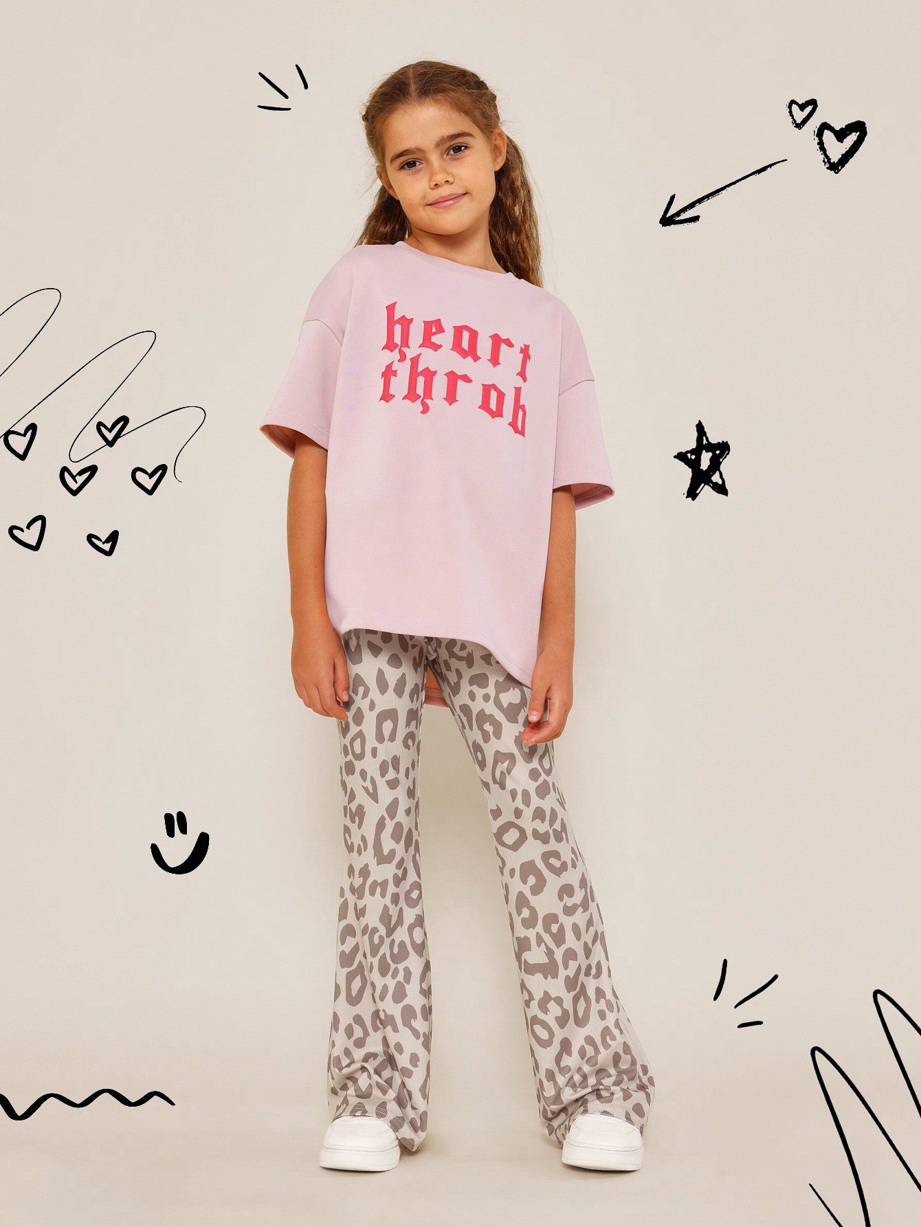 Tween Girls Heart Throb Tee And Leopard Printed Flare Legging Rib 2 Piece Set