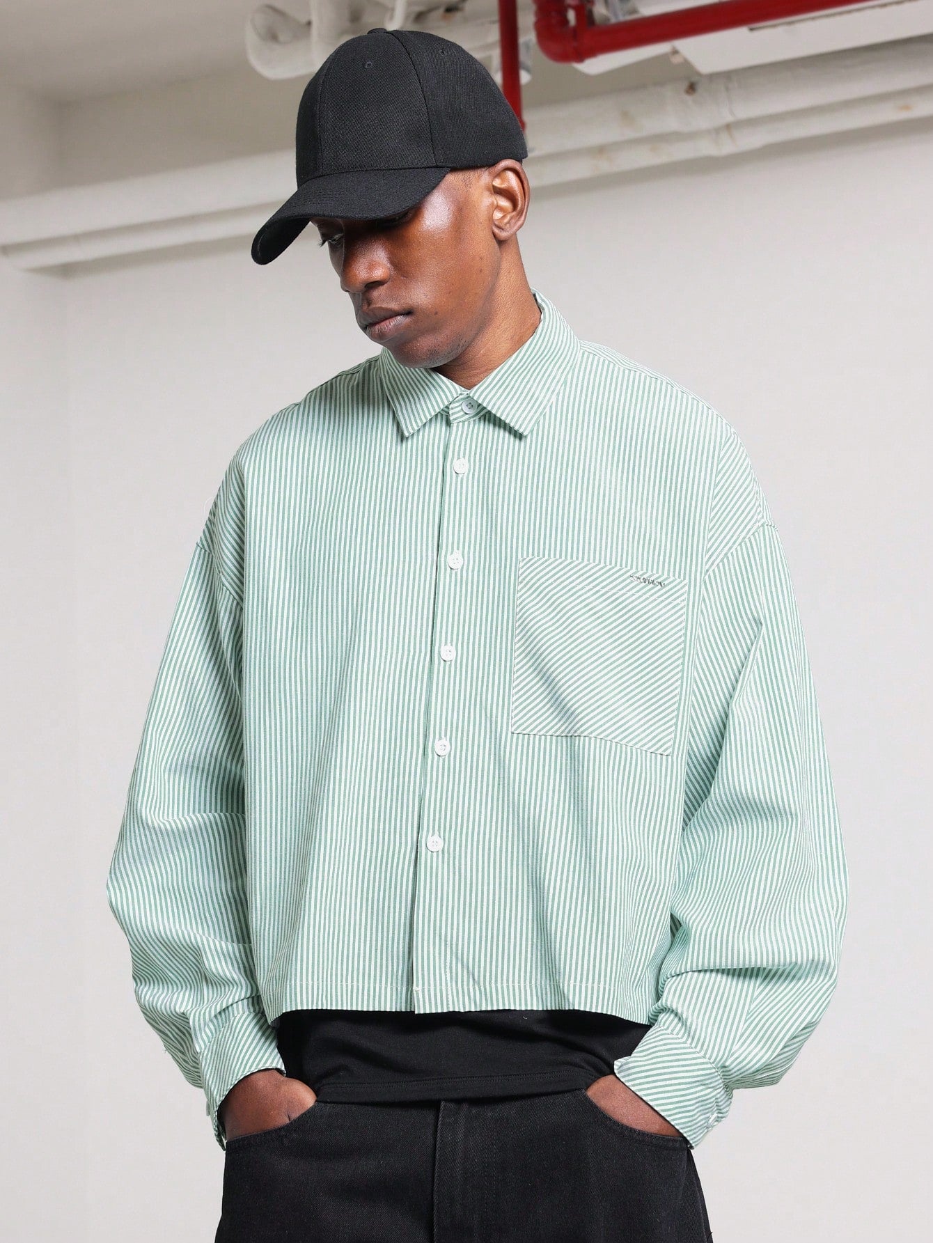 Cropped Long Sleeve Green Stripe Shirt