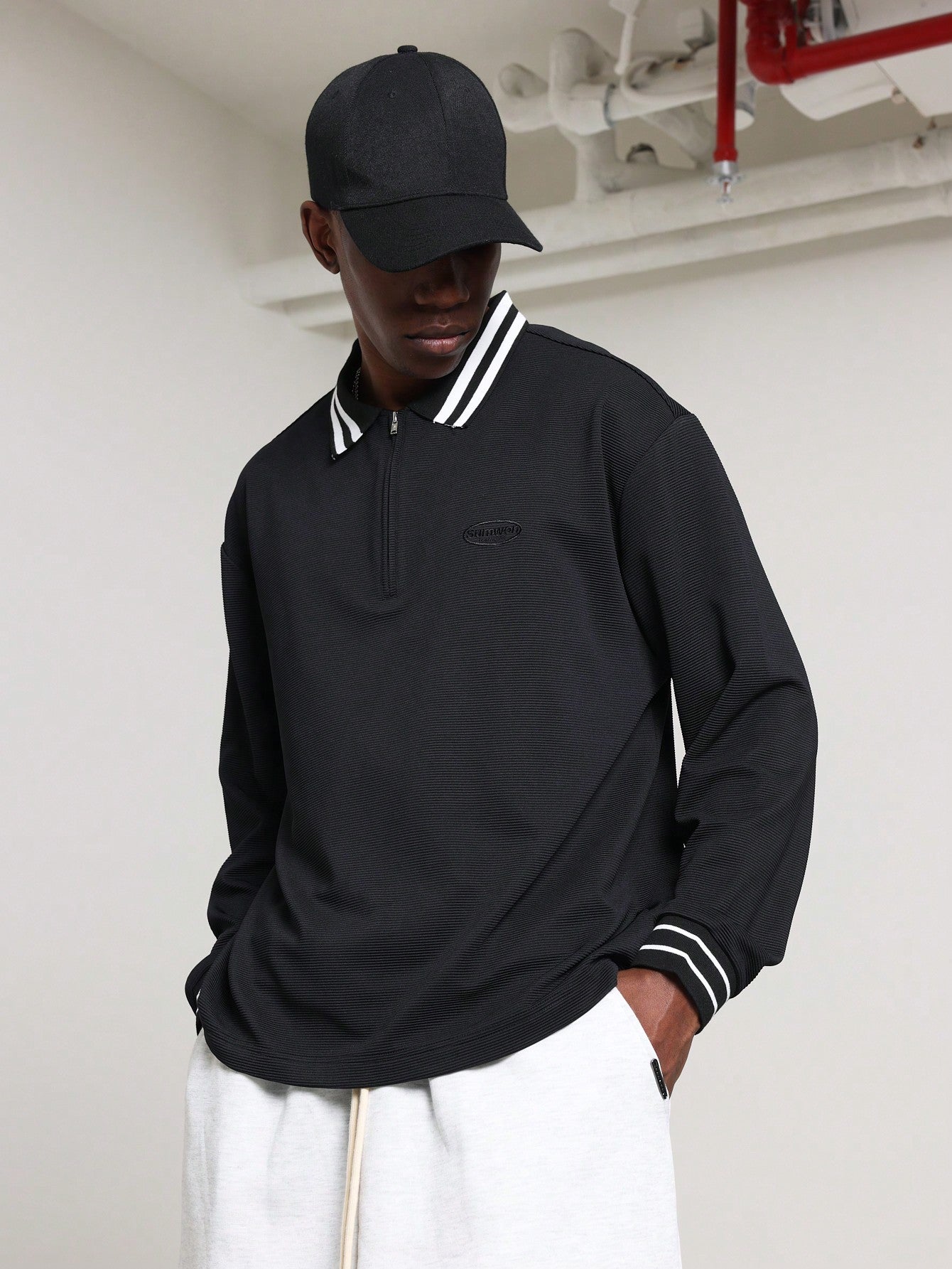 Regular Fit Textured Long Sleeve Polo Shirt With Stripe Collar And Cuff