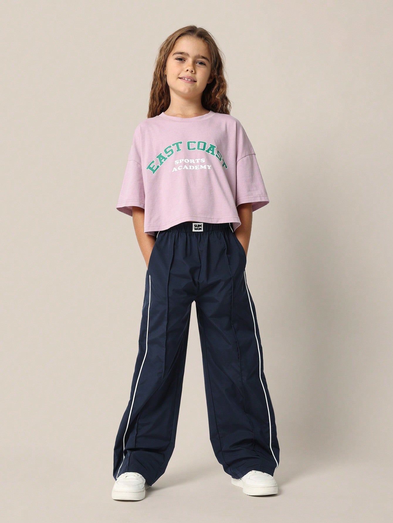 Tween Girls Crop Graphic Print Tee And Wide Leg Track Pant 2 Piece Set