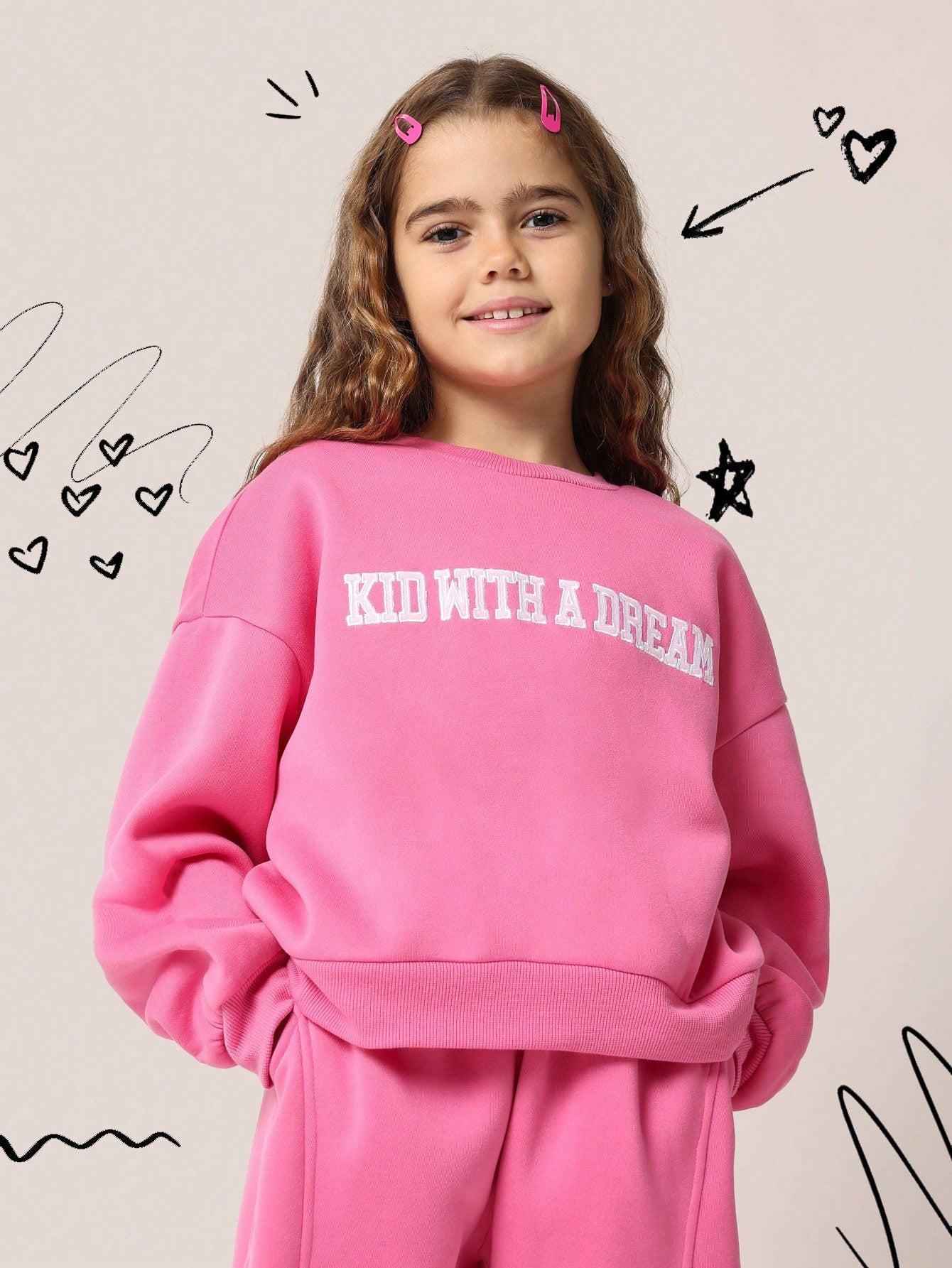 Tween Girls Pink Embroidered Sweatshirt And Jogger 2 Piece Set