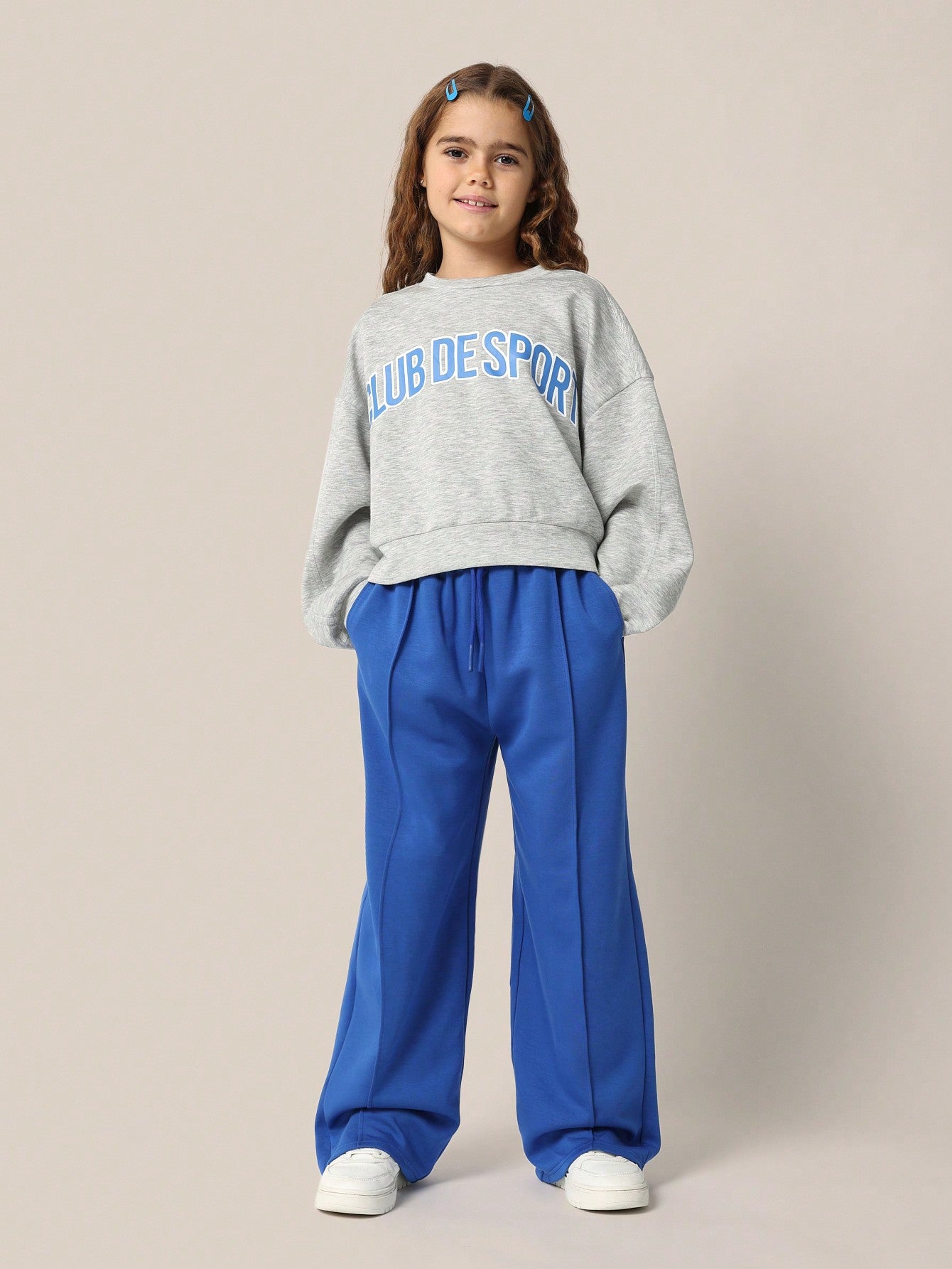 Tween Girls Club De Sport Sweatshirt And Contrast Colour Wide Leg Sweatpants 2 Piece Set