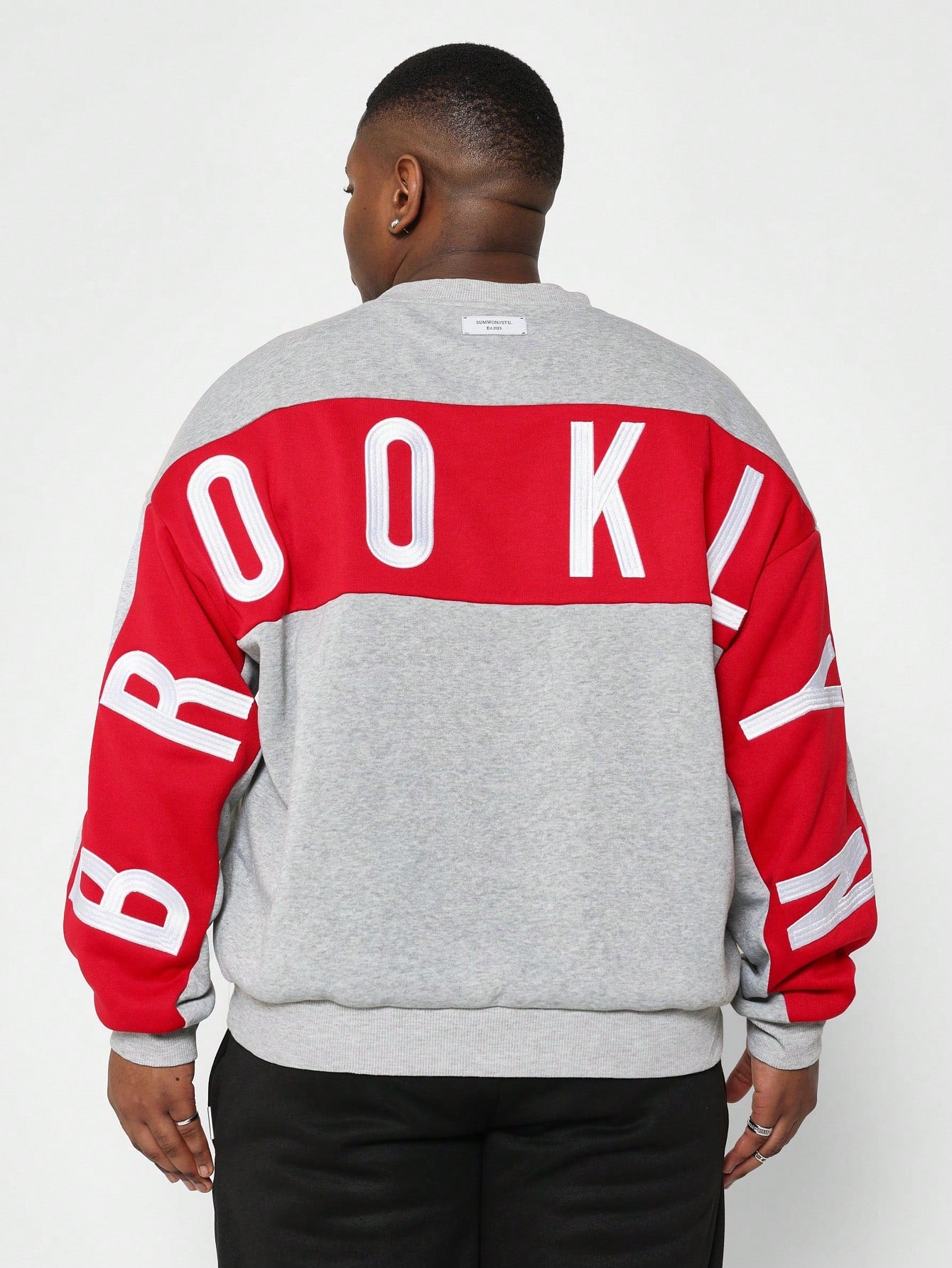 Plus Size Crew Neck Sweatshirt With Colour Block Panel & Brooklyn Graphic Print