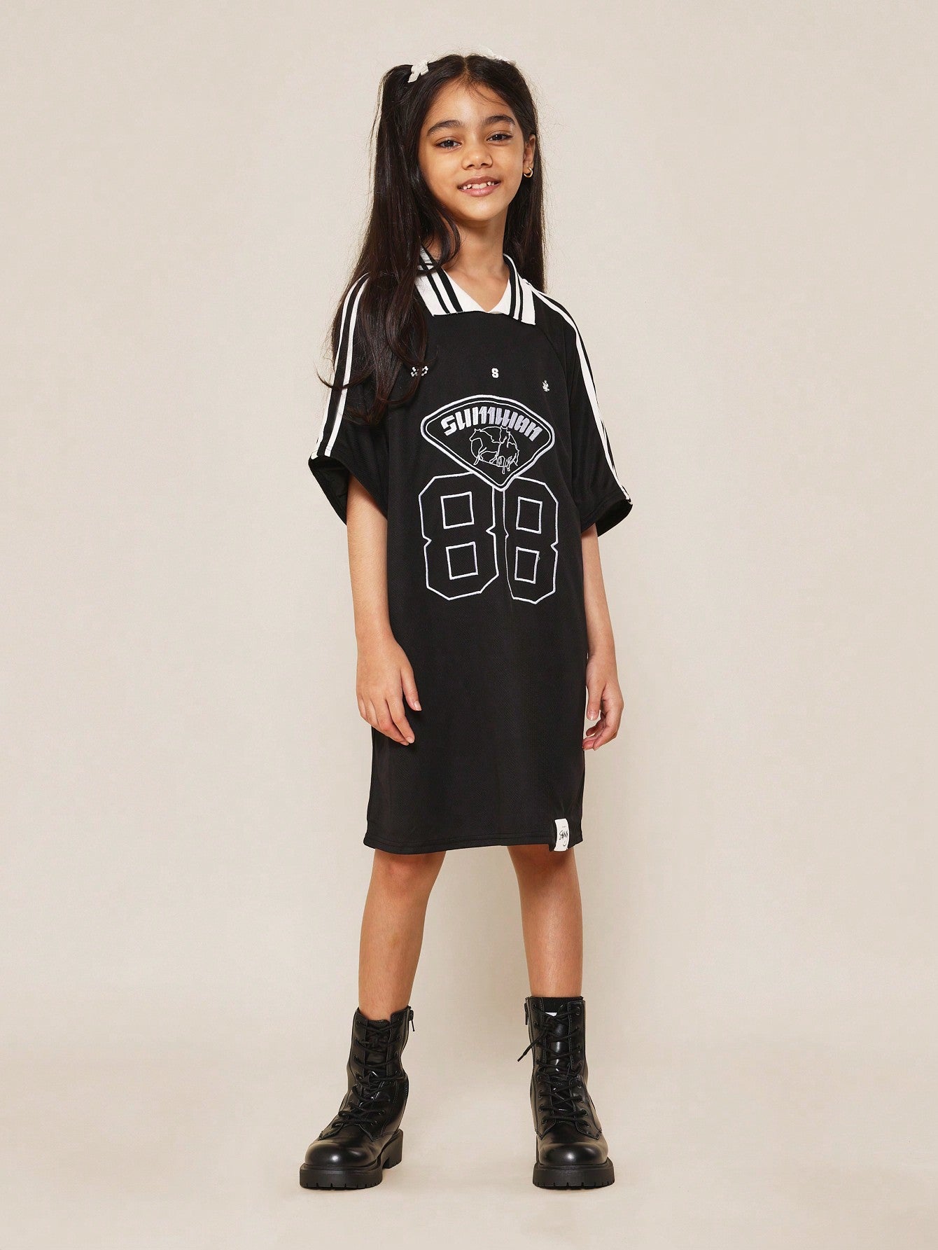 Tween Girls Stripe Collar & Shoulder Polo Dress With Embroidery & Graphic Print