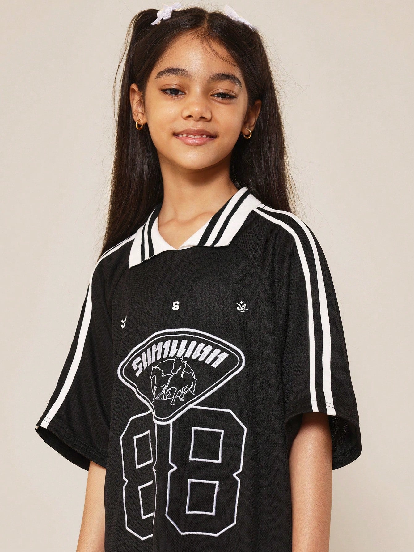 Tween Girls Stripe Collar & Shoulder Polo Dress With Embroidery & Graphic Print