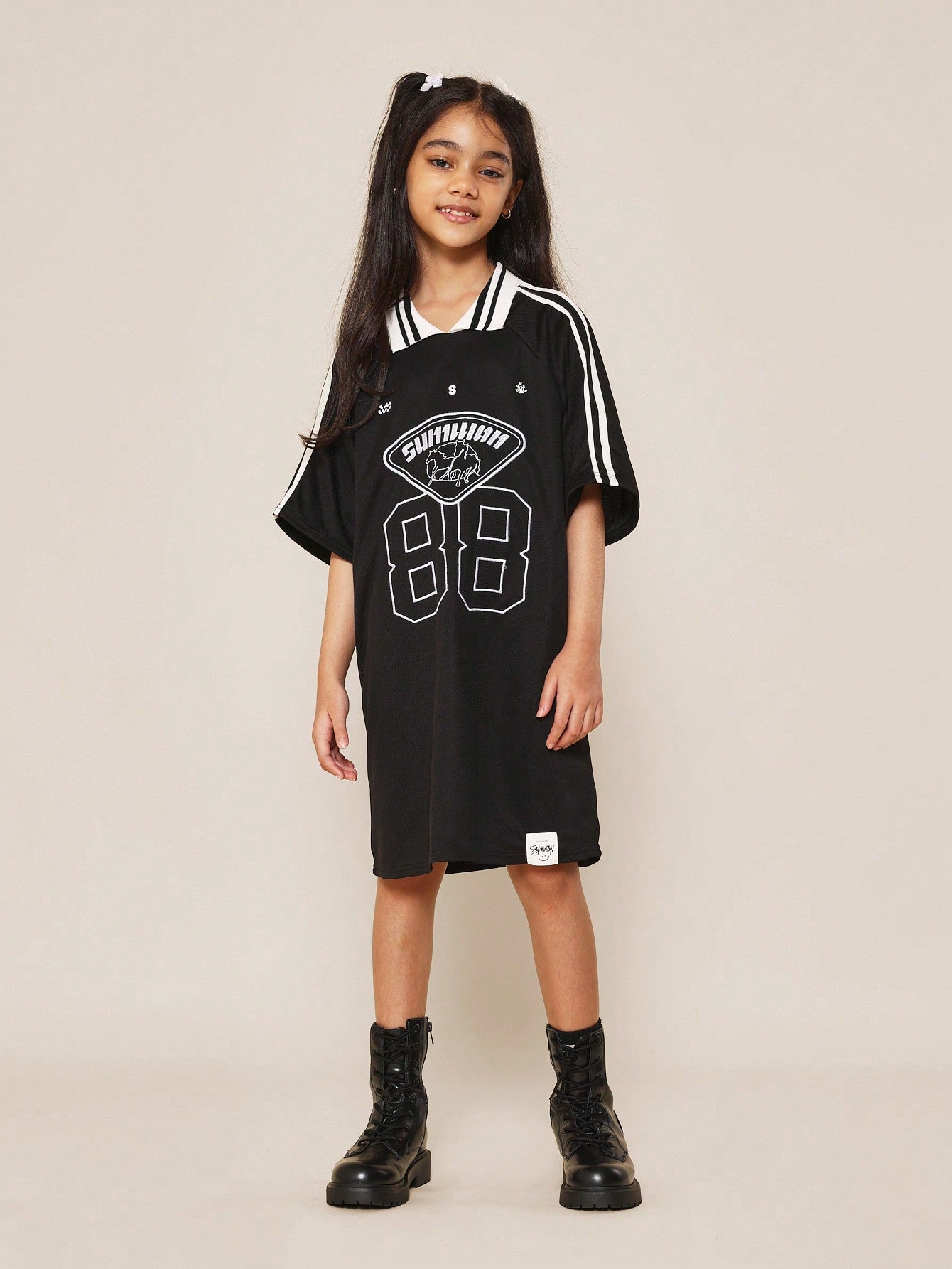 Tween Girls Stripe Collar & Shoulder Polo Dress With Embroidery & Graphic Print