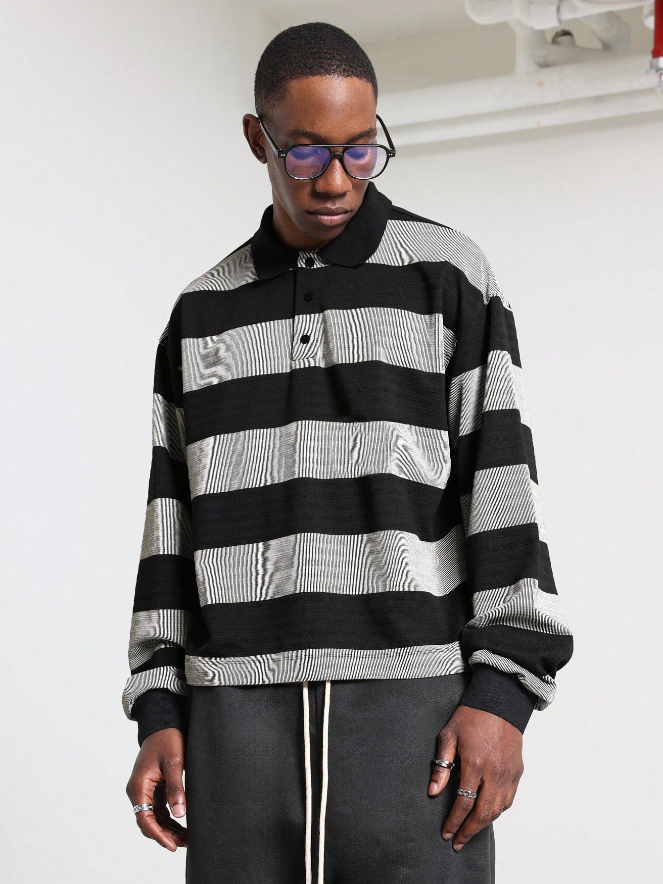 Regular Fit Texture Stripe Long Sleeve Polo Shirt