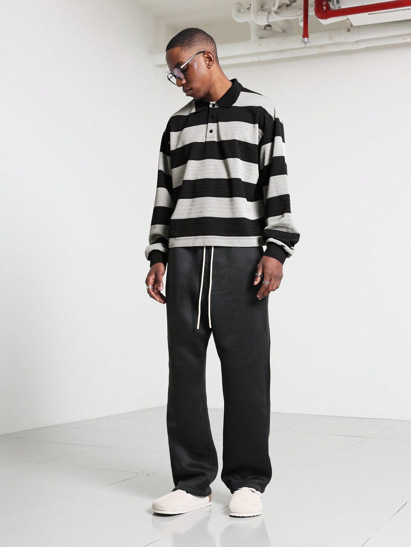 Regular Fit Texture Stripe Long Sleeve Polo Shirt